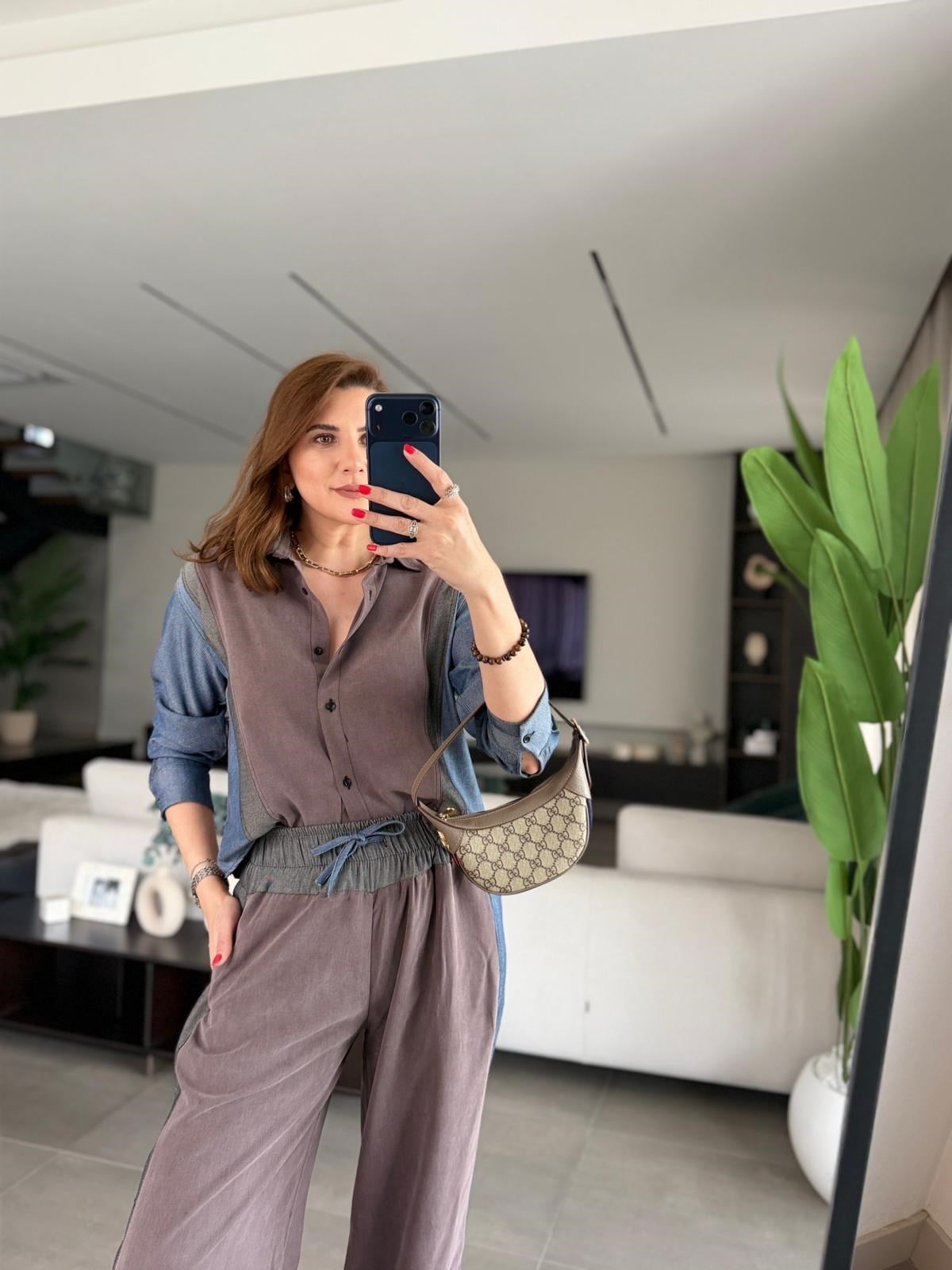 Kahverengi Kot Detay Tencel Takım