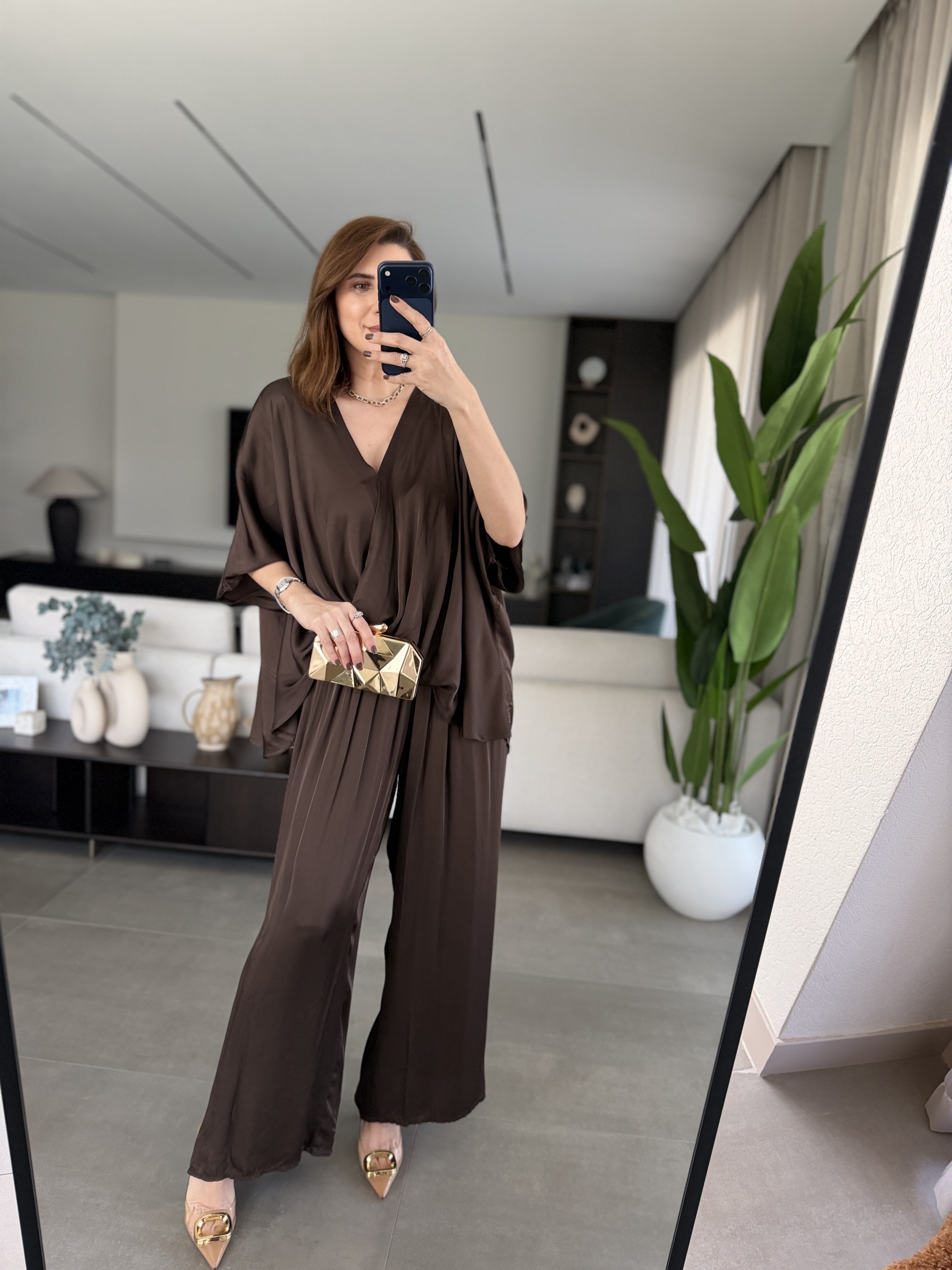 Kahverengi Venezia Premium İpek Saten Takım