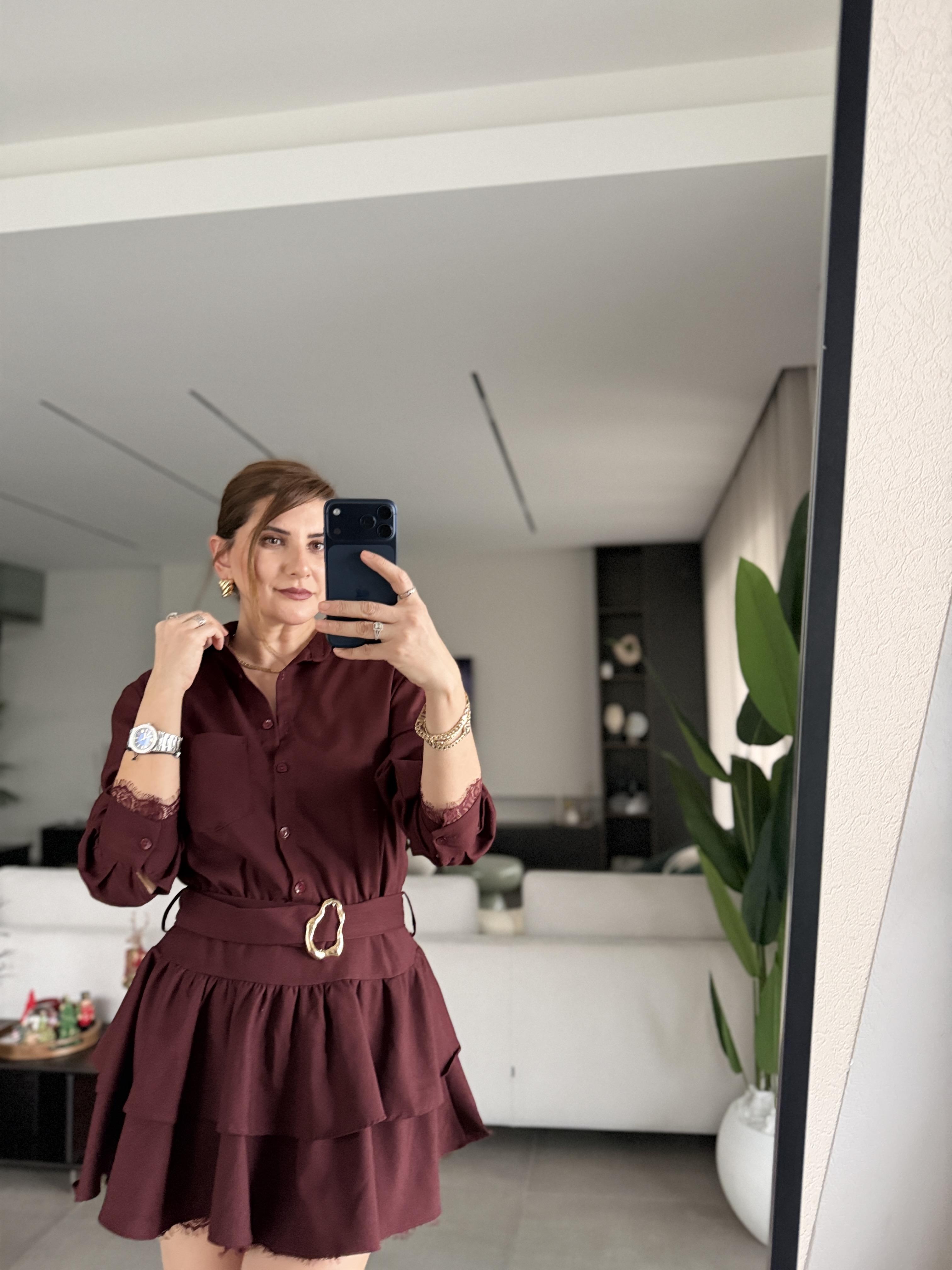 Kol Ve Etek Ucu Dantel Detay Gömlek Elbise