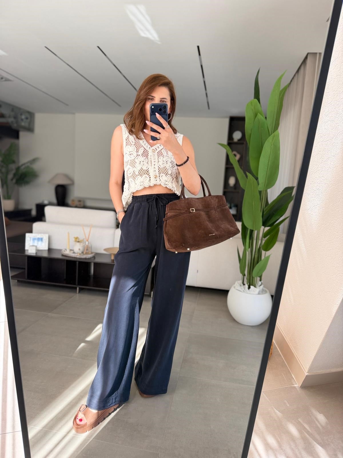 Lacivert  Bel Bağcıklı Tencel Pantolon