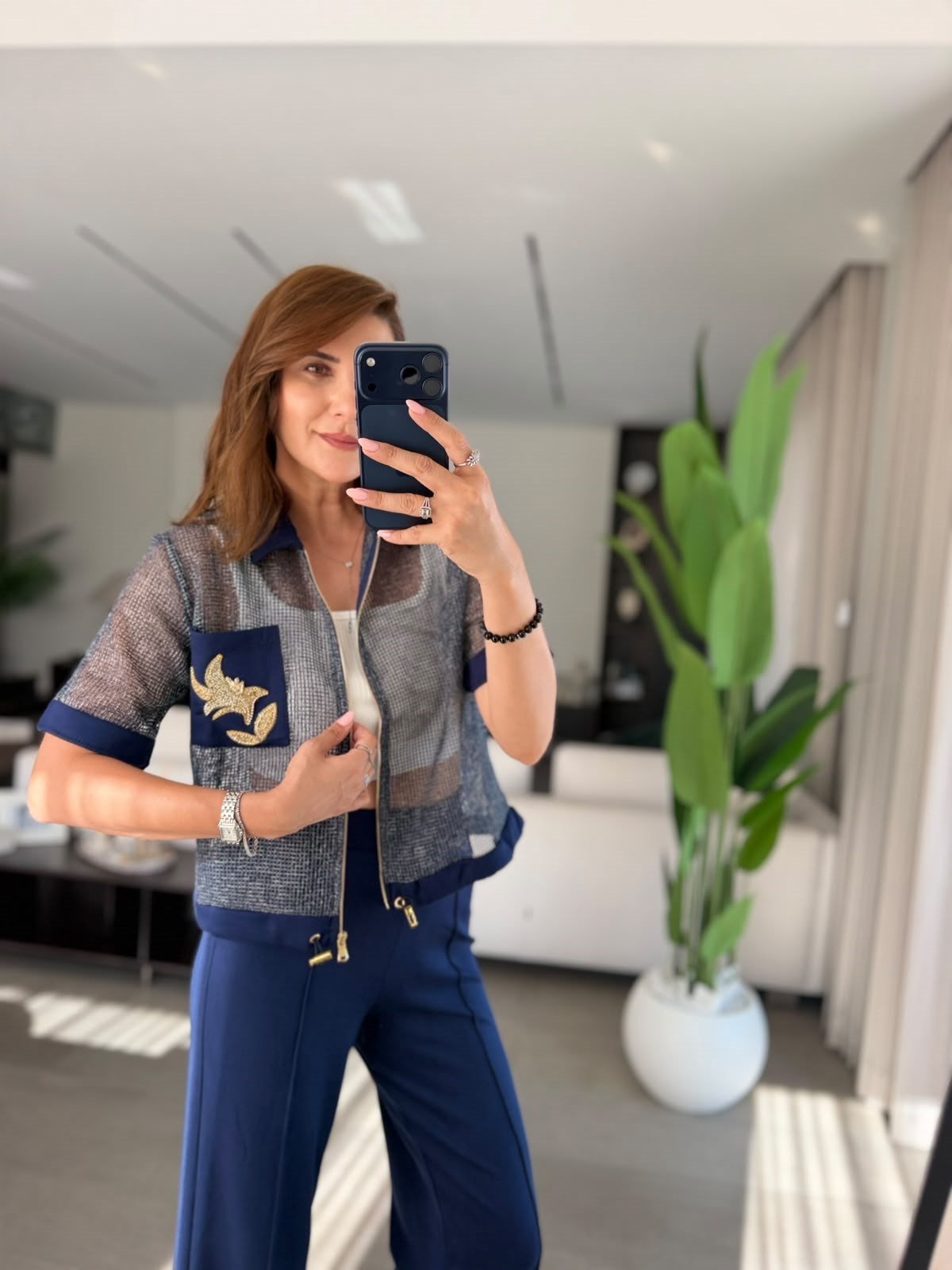 Lacivert Cebi Nakışlı File Ceket Takım