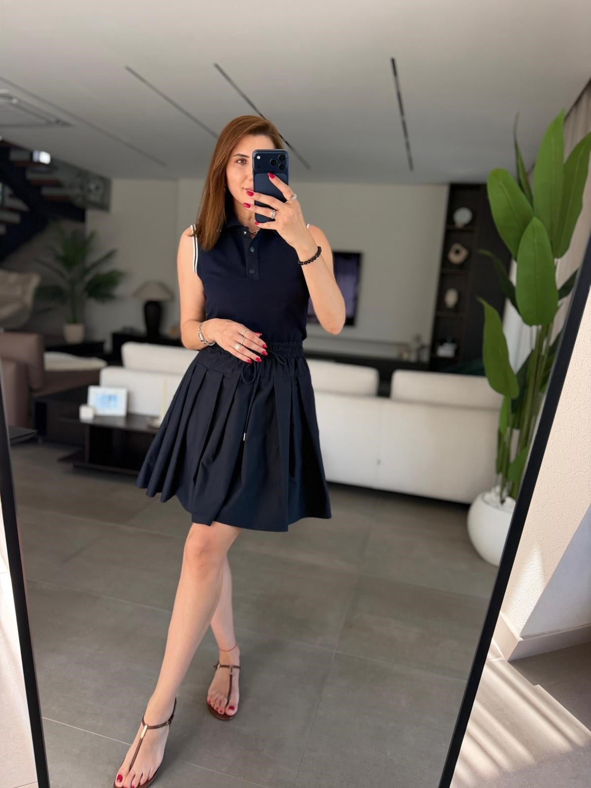 Lacivert Eteği Garnili Polo Yaka Elbise