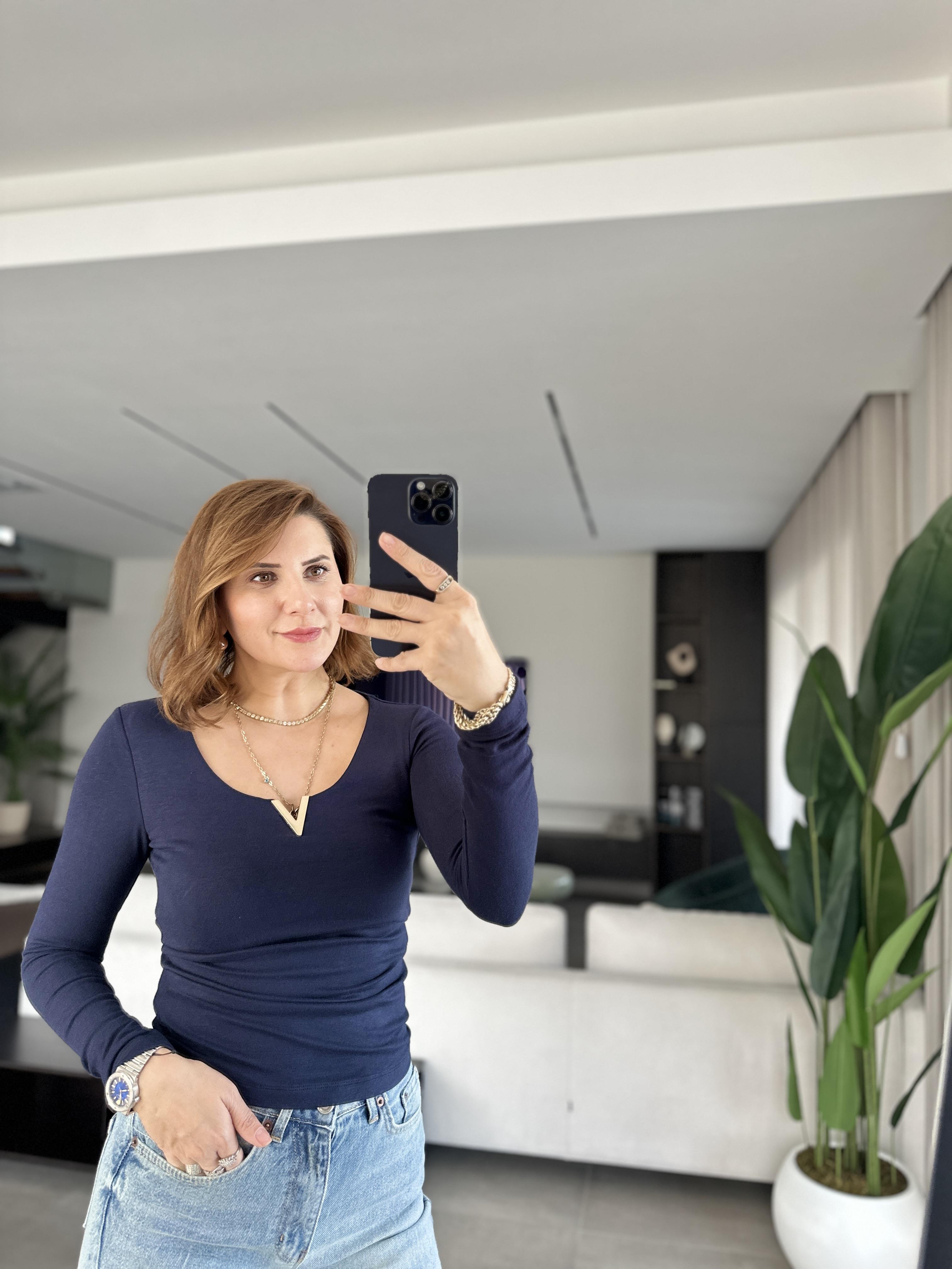 Lacivert Mass Uzun Kol V Demirli Bluz