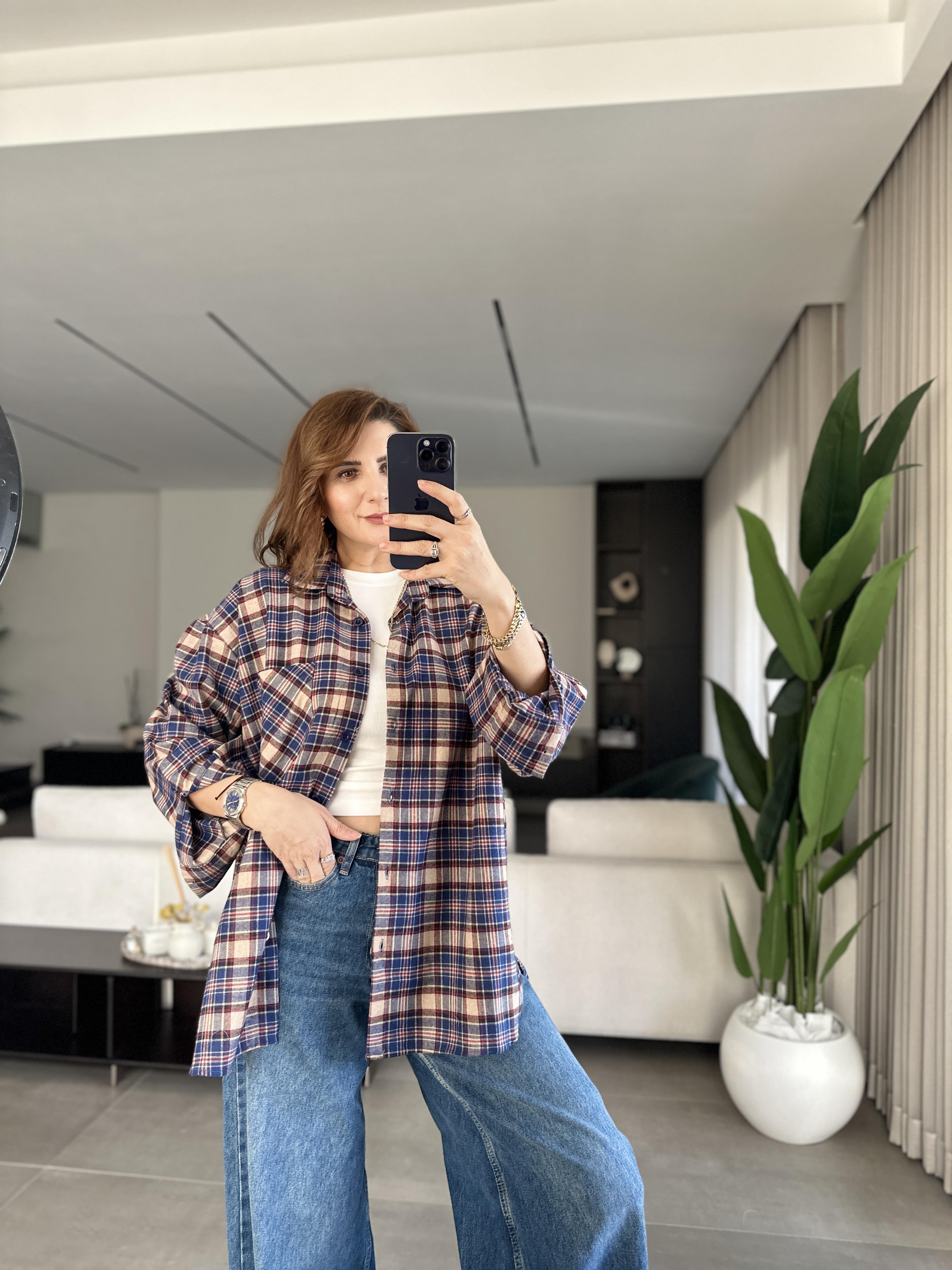 Lacivert Oversize Ekoseli Gömlek