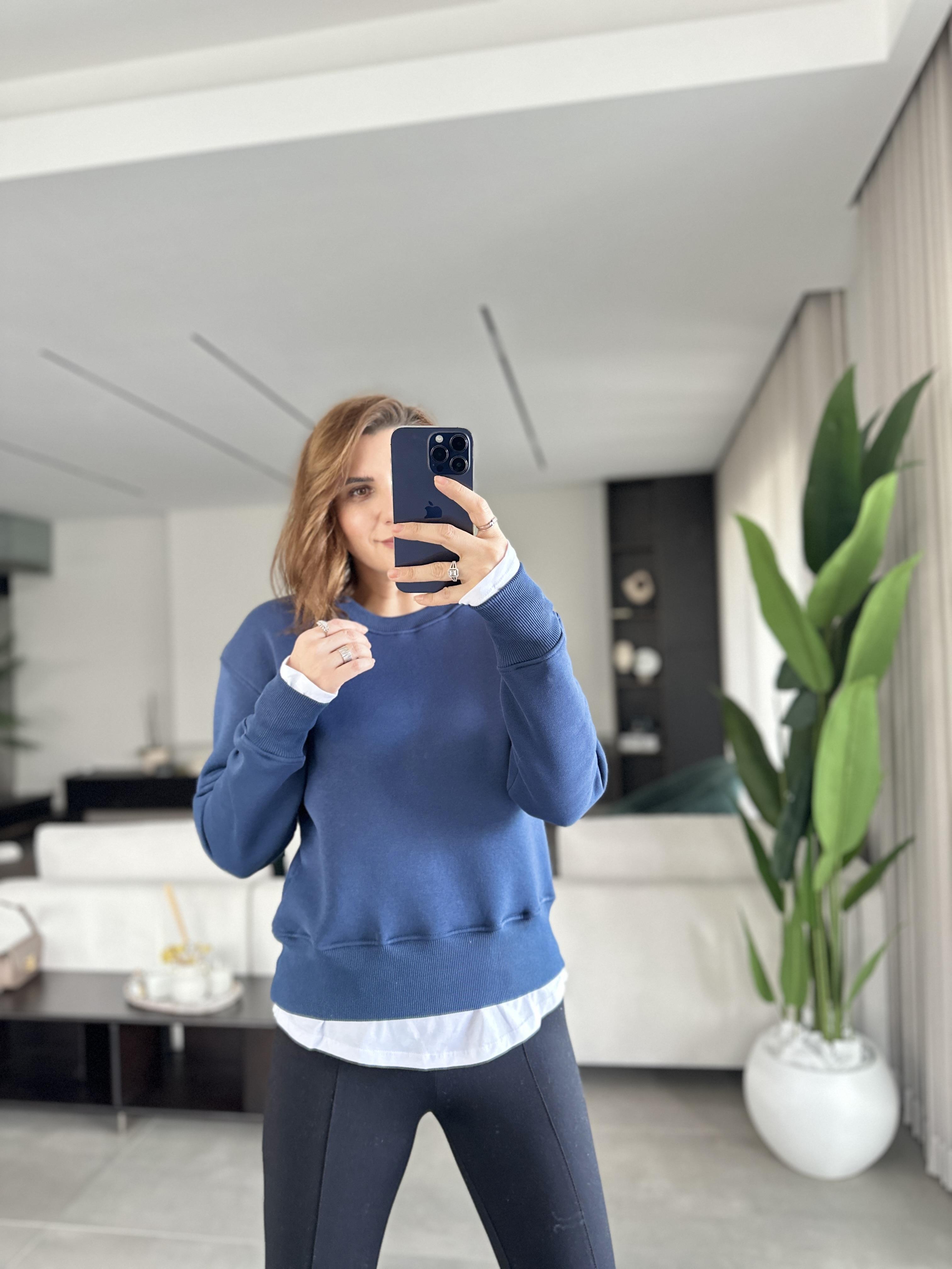 Lacivert T-shirt Görünümlü Üç İplik Sweat