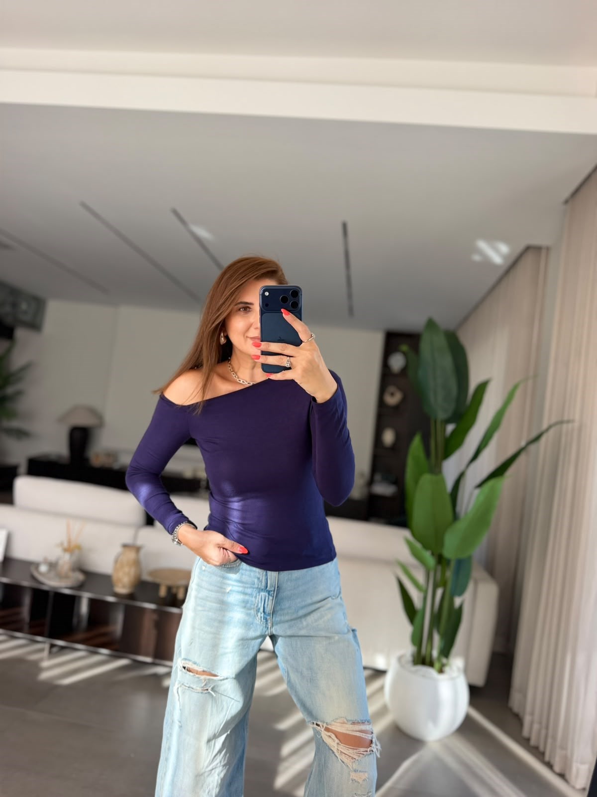 Lacivert Tek Omuz Açık Bluz