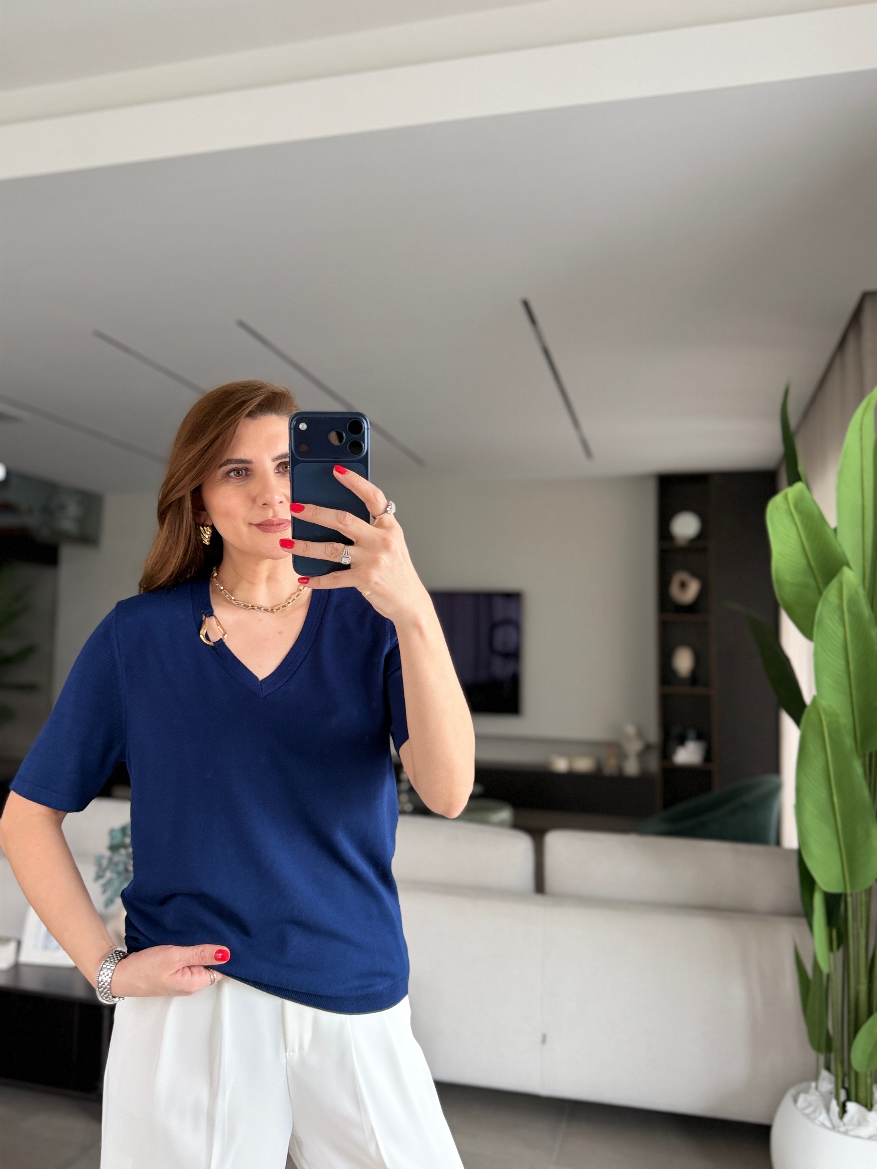 Lacivert Toka Detaylı Kısa Kollu Trko Bluz