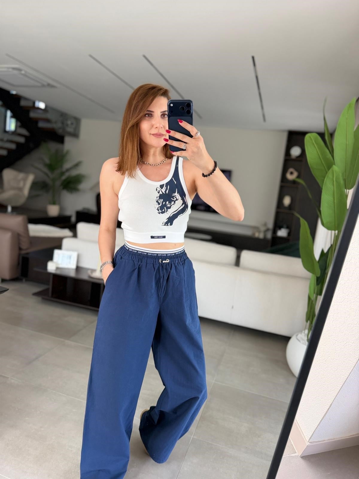 Lacivert Üst Crop Paça Lastik Detay Pantolon Takım
