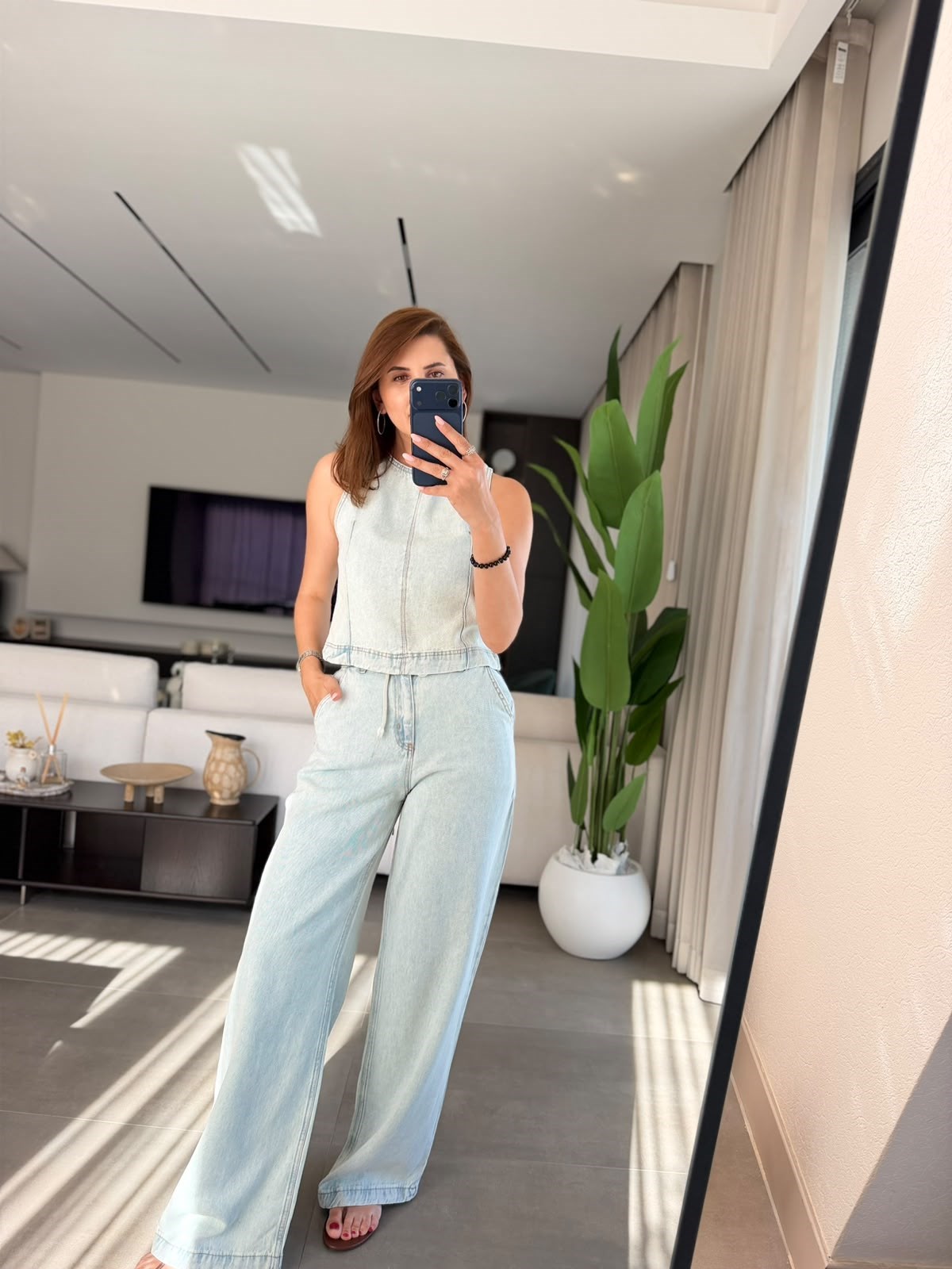 Mavi Kot Tencel Bağlamalı Pantolon Takım