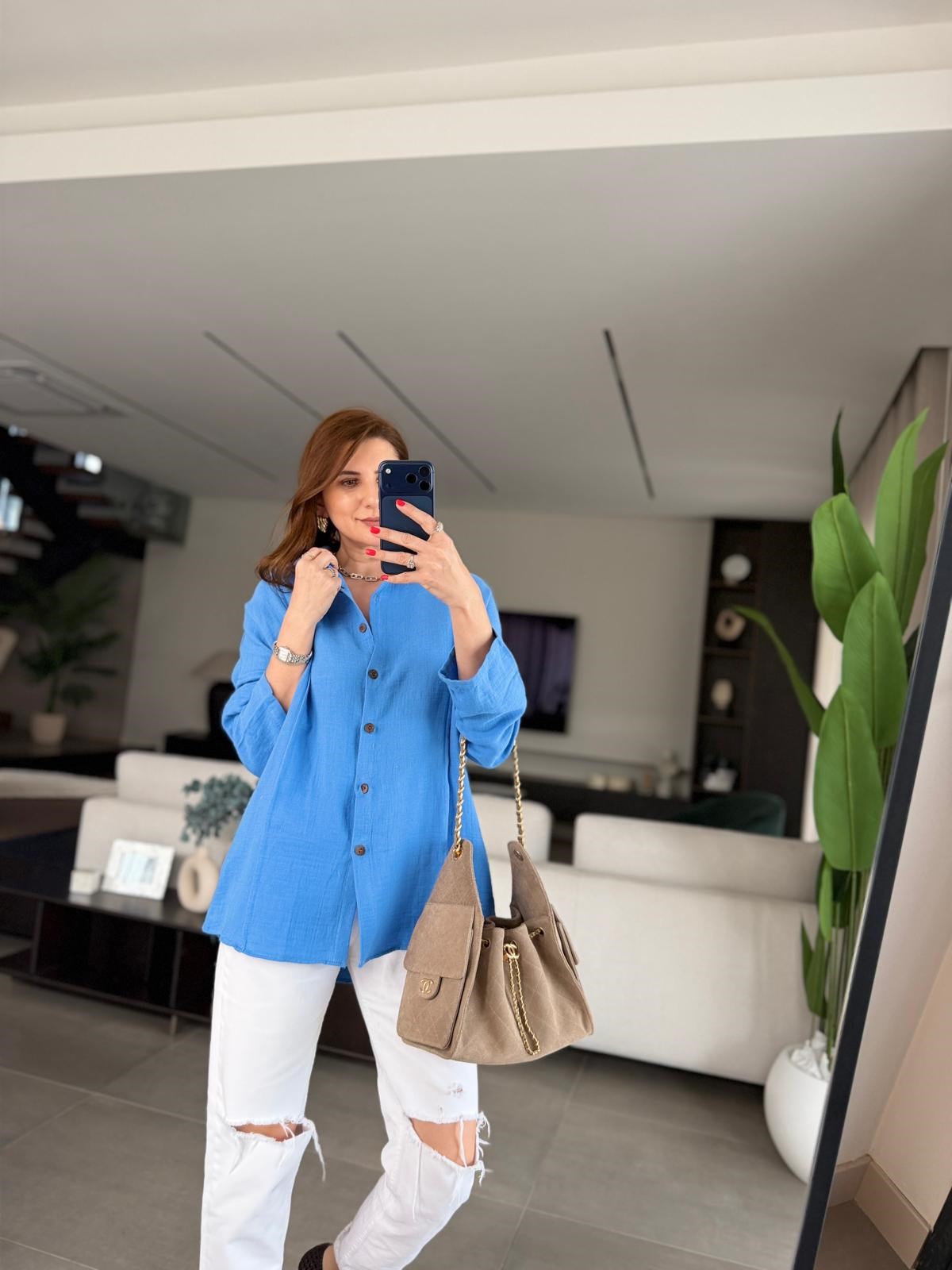 Mavi Önü Dikiş Detay Oversize Gömlek