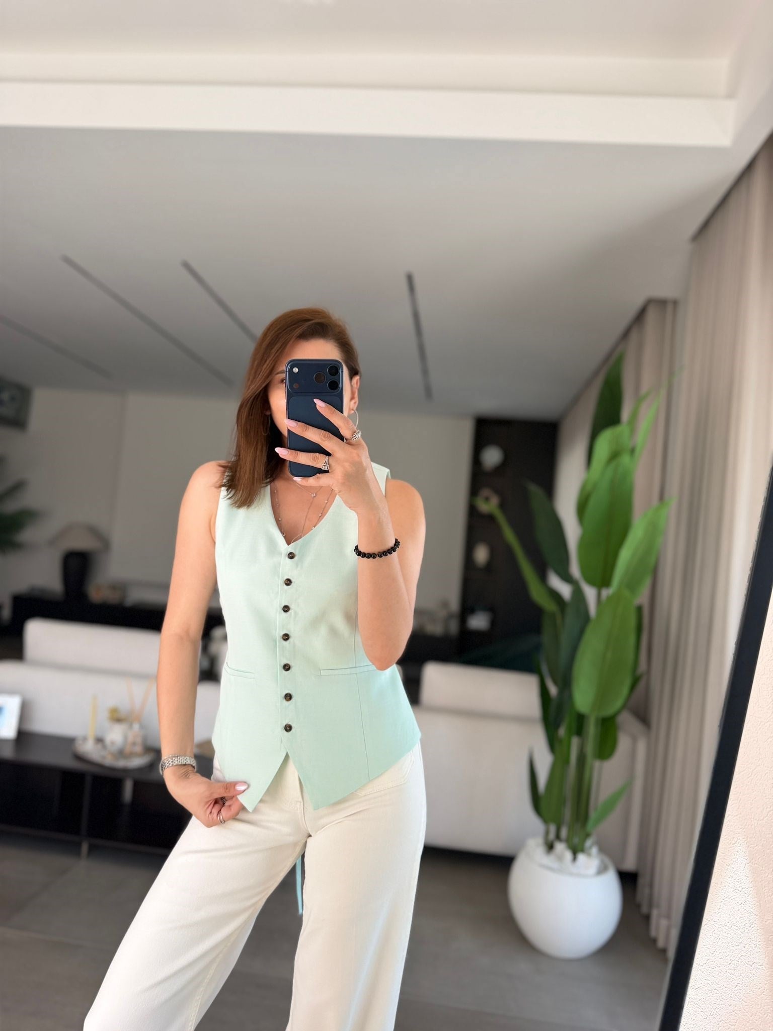 Mint Yeşili Arka Bağlamalı Fletolu Yelek