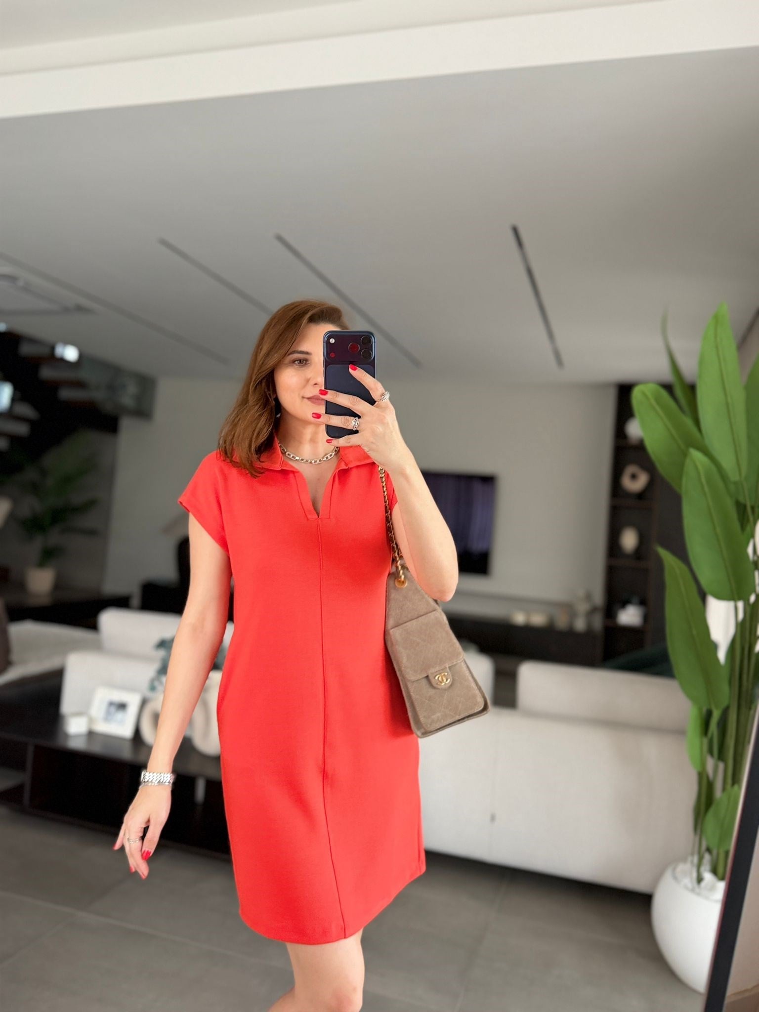 Nar Çiçeği Polo Yaka Çimalı Cepli Elbise