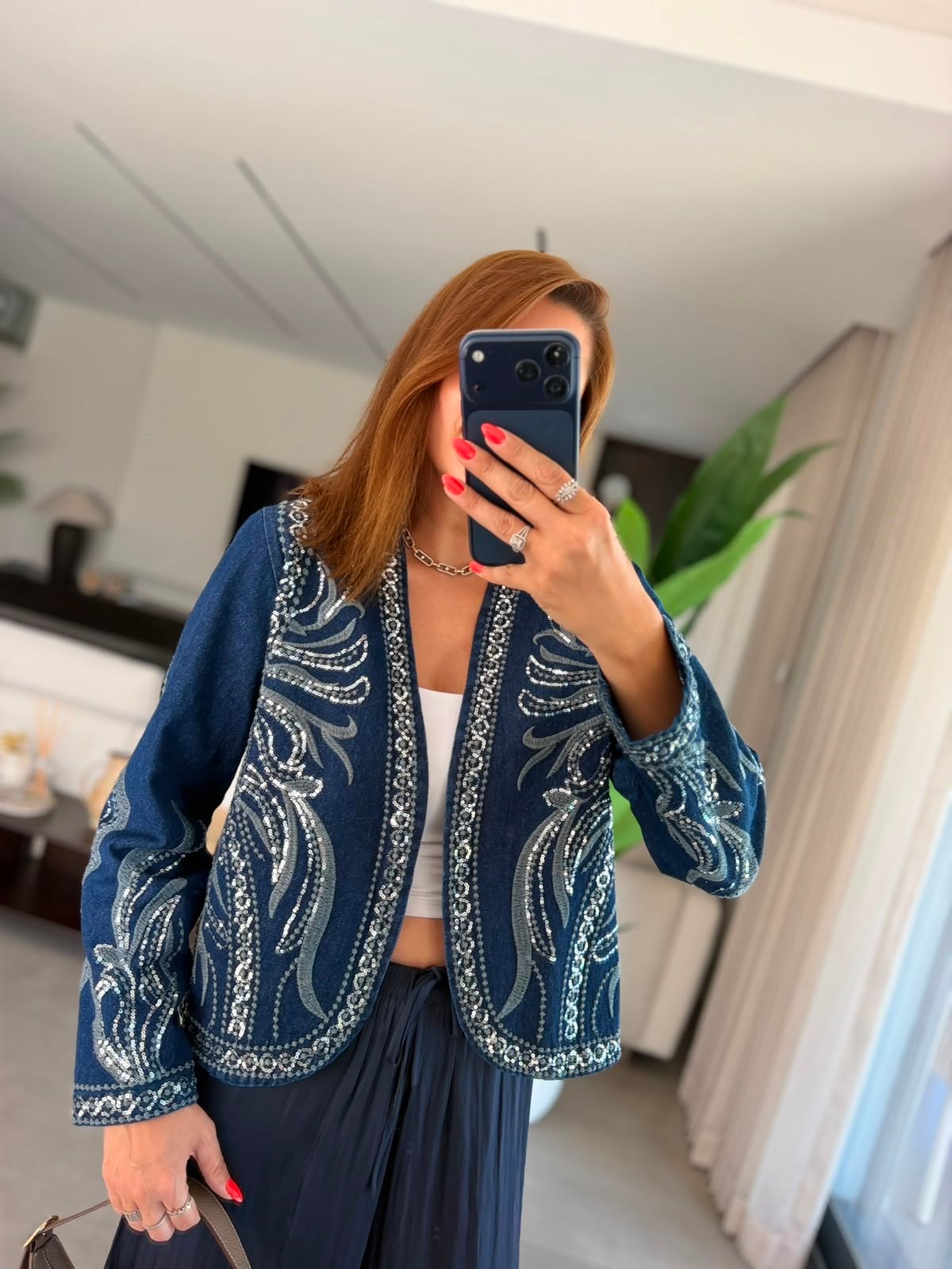 Payet İşlemeli Desenli Denim Ceket