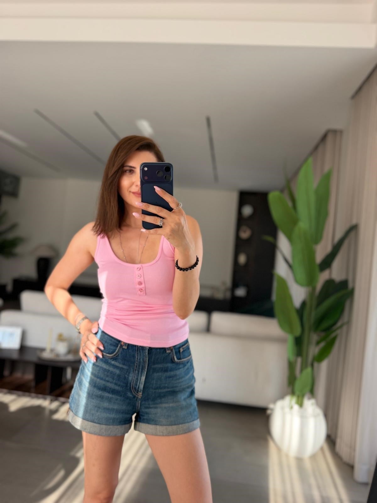 Pembe  Düğmeli Mas Askıllı Atlet