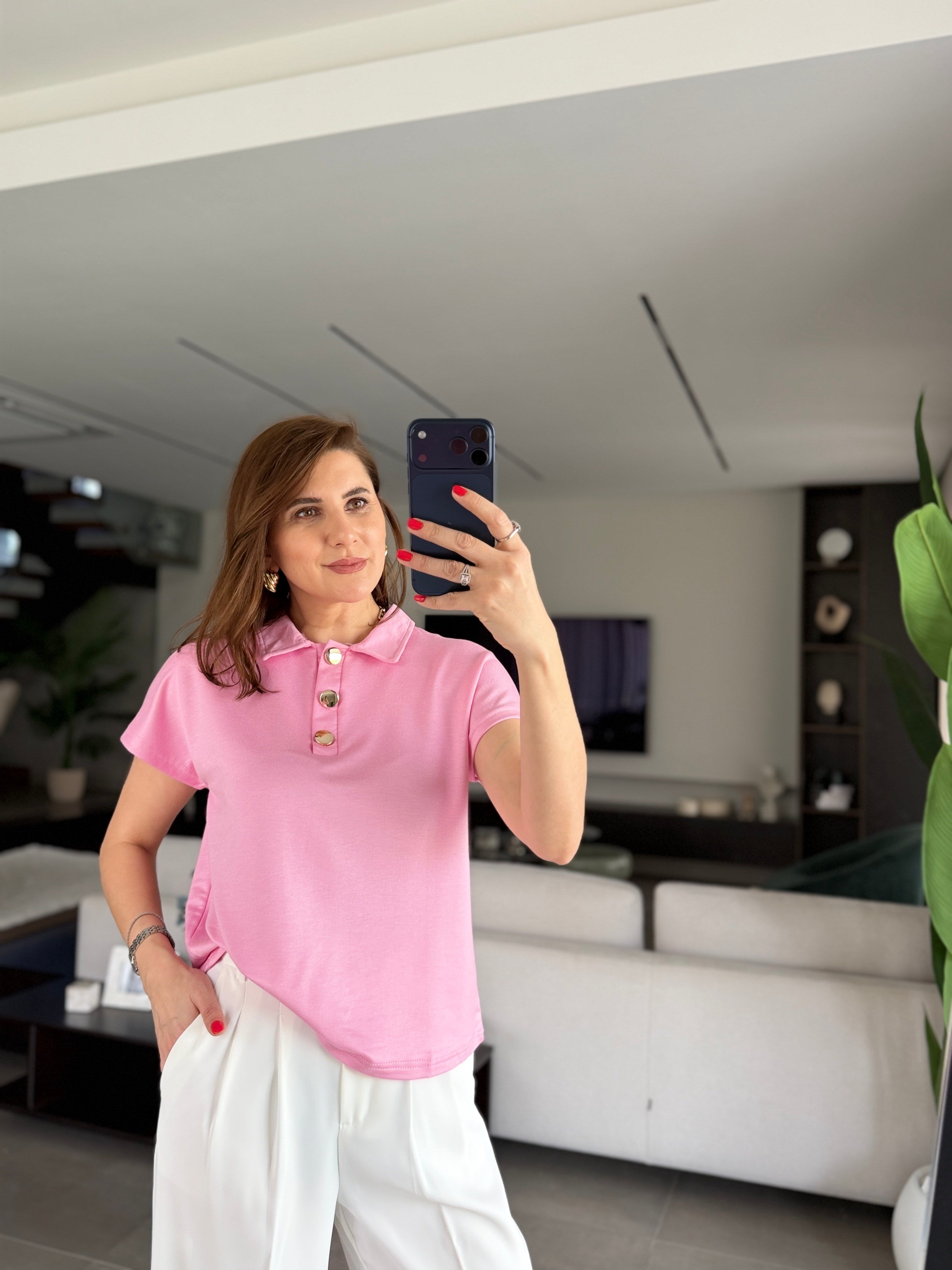 Pembe Gold Düğmeli Polo Yaka T-shirt