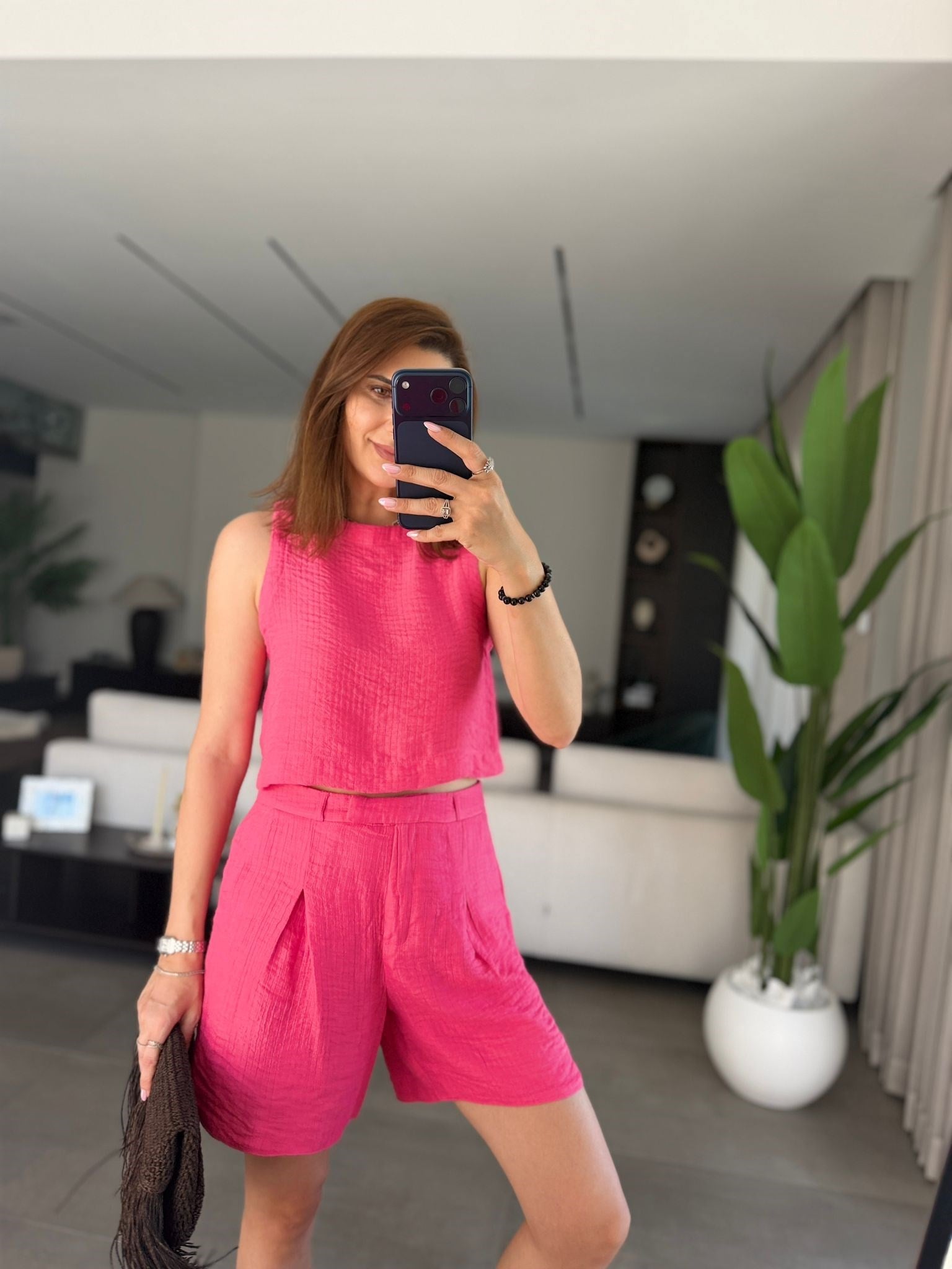 Pembe Kendinden Desenli Şort Takım