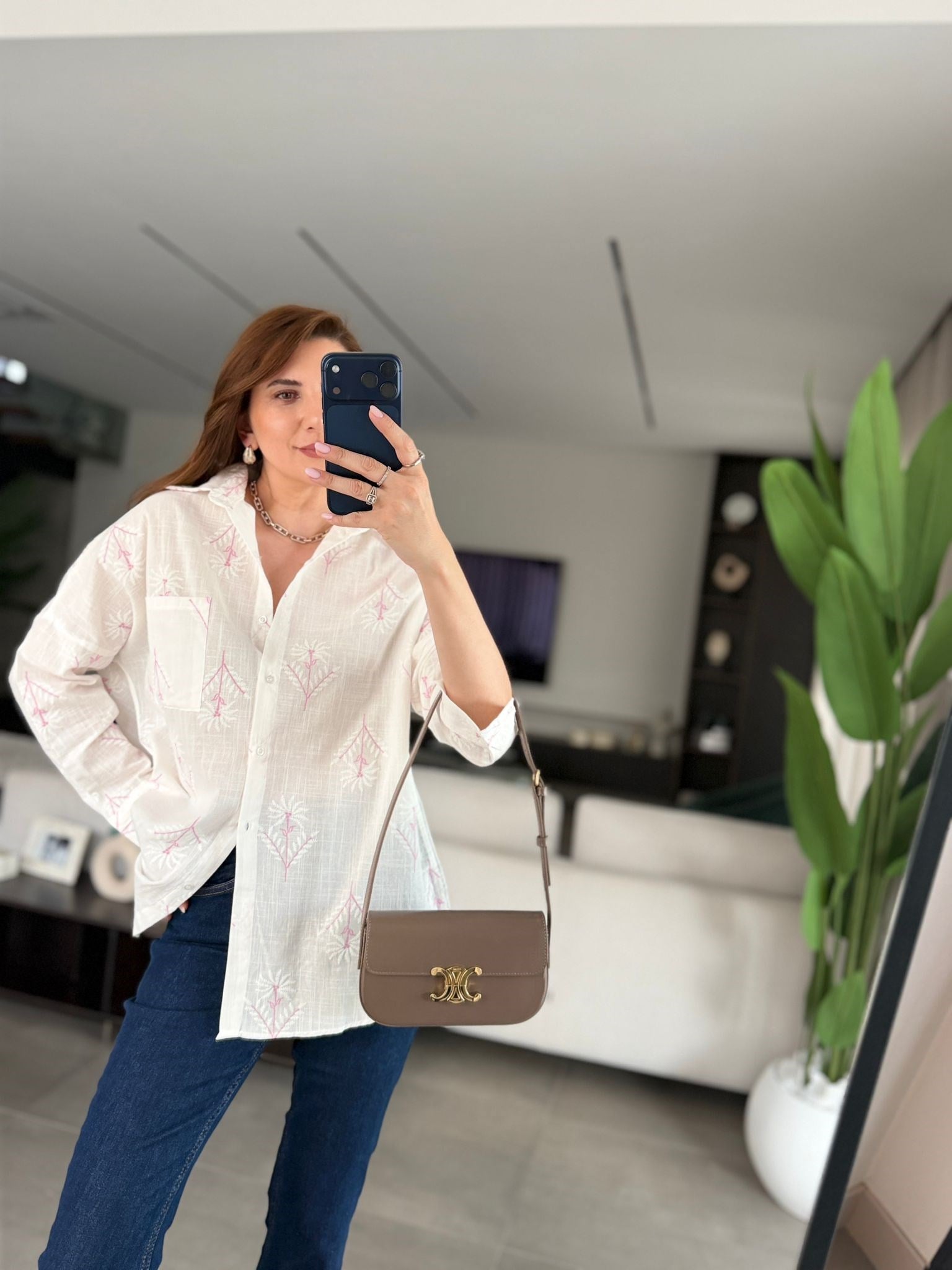 Pembe  Keten Nakışlı Gömlek