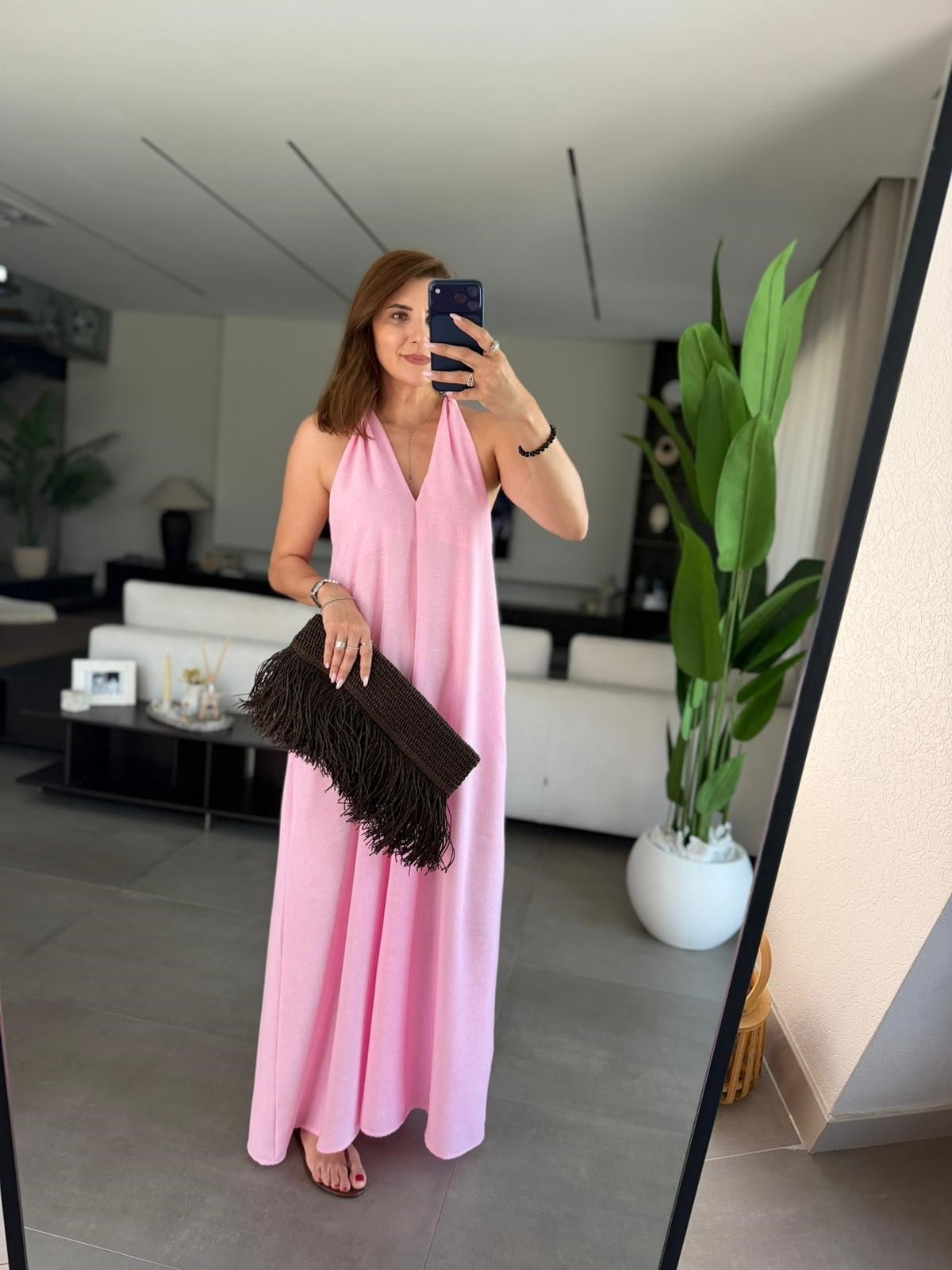 Pembe  V Yaka Keten Elbise