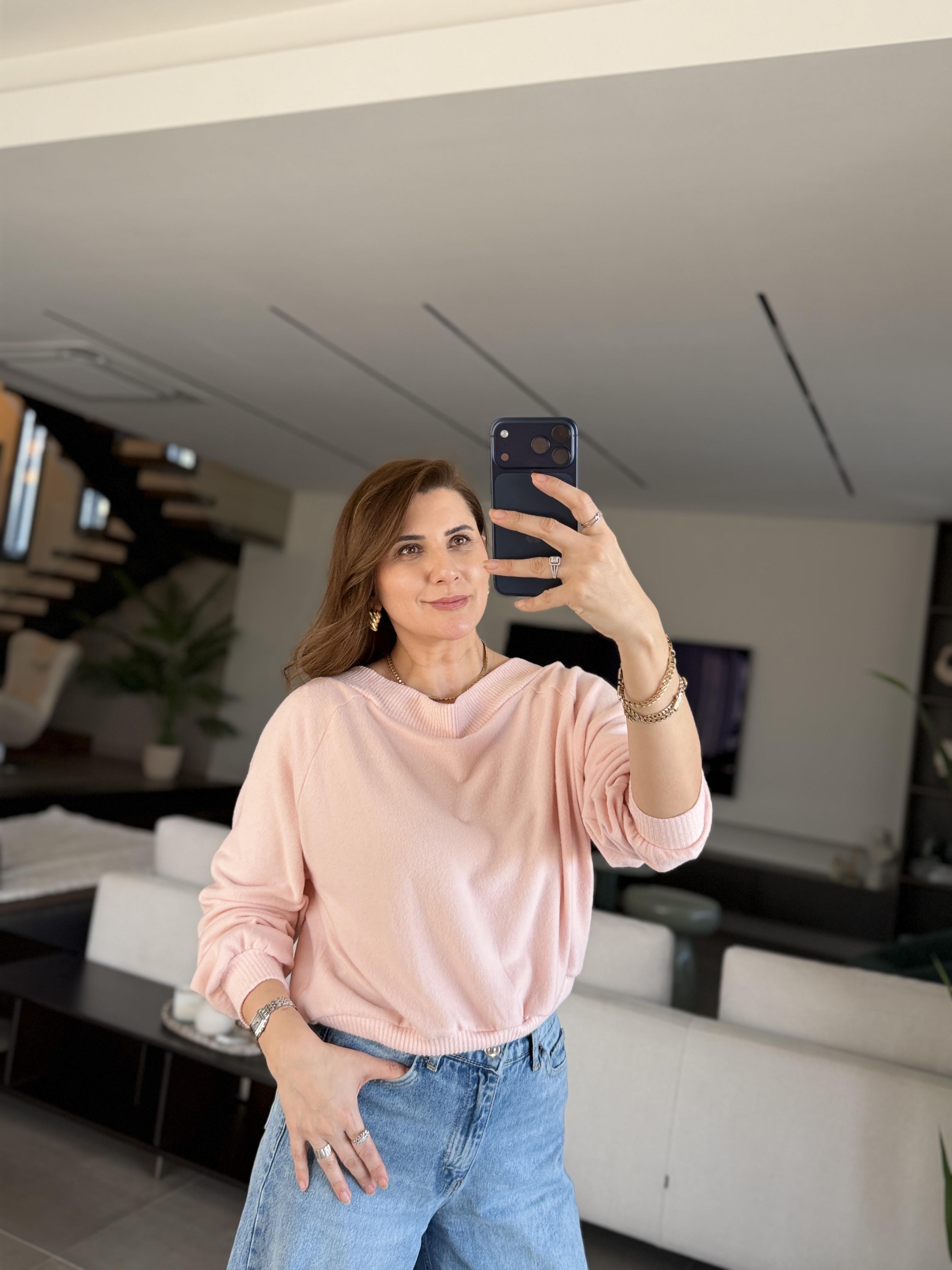 Pudra Sırt Detaylı Kayık Yaka Bluz