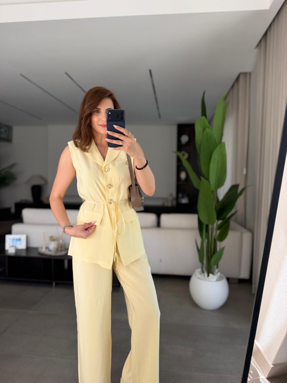 Sarı Cupra Omuz Vatkalı Yelek Pantolon Takım