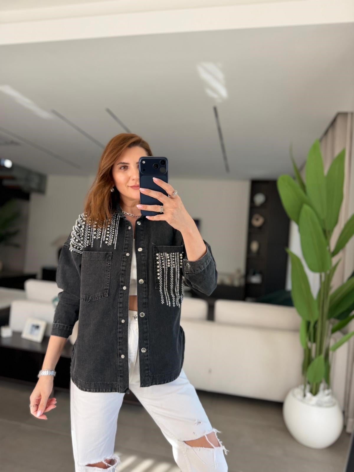 Siyah Çift Cepli Taşlı Kot Ceket