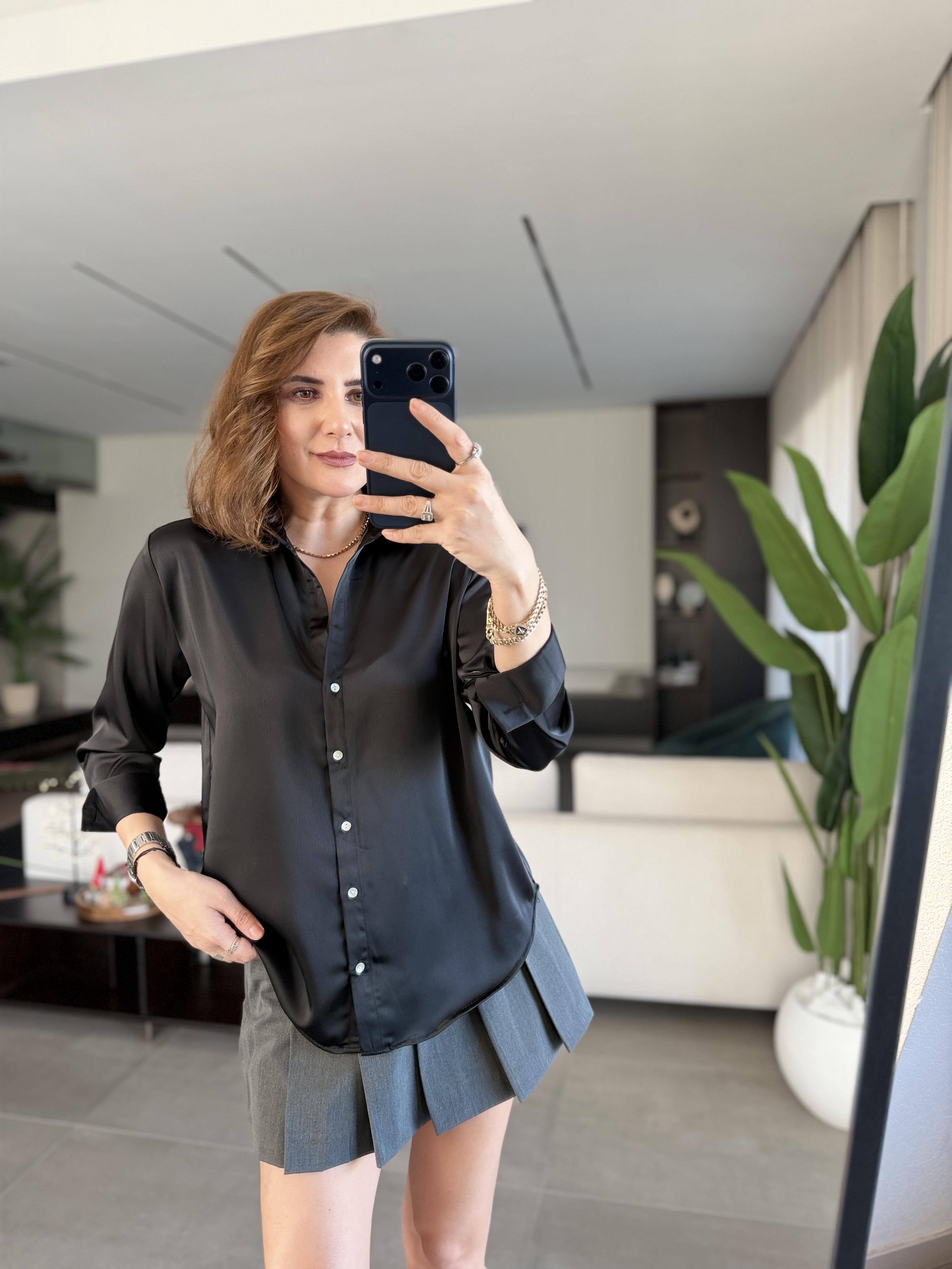 Siyah Luca Saten Gömlek