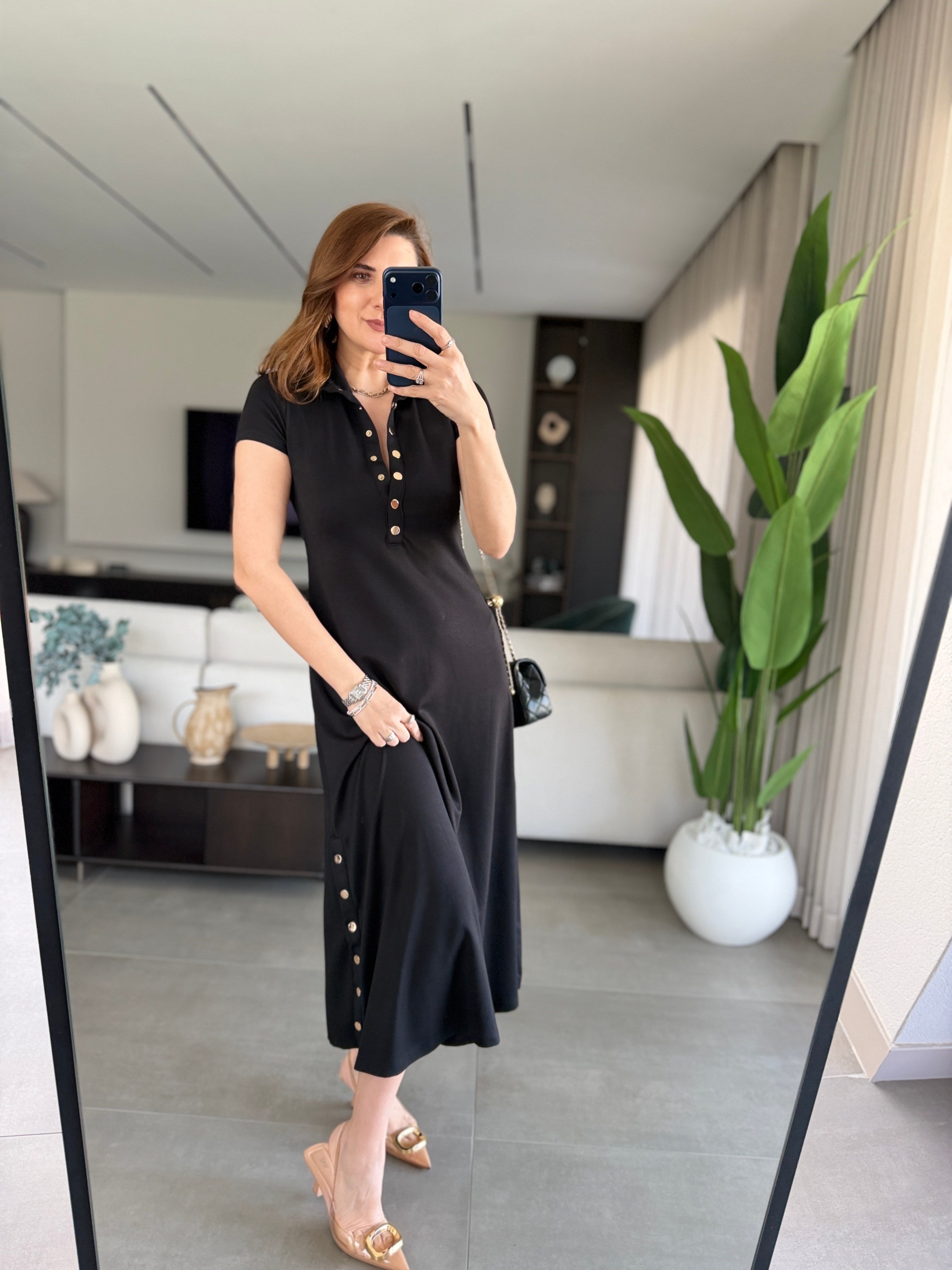 Siyah Modal Çıtçıt Detaylı Elbise