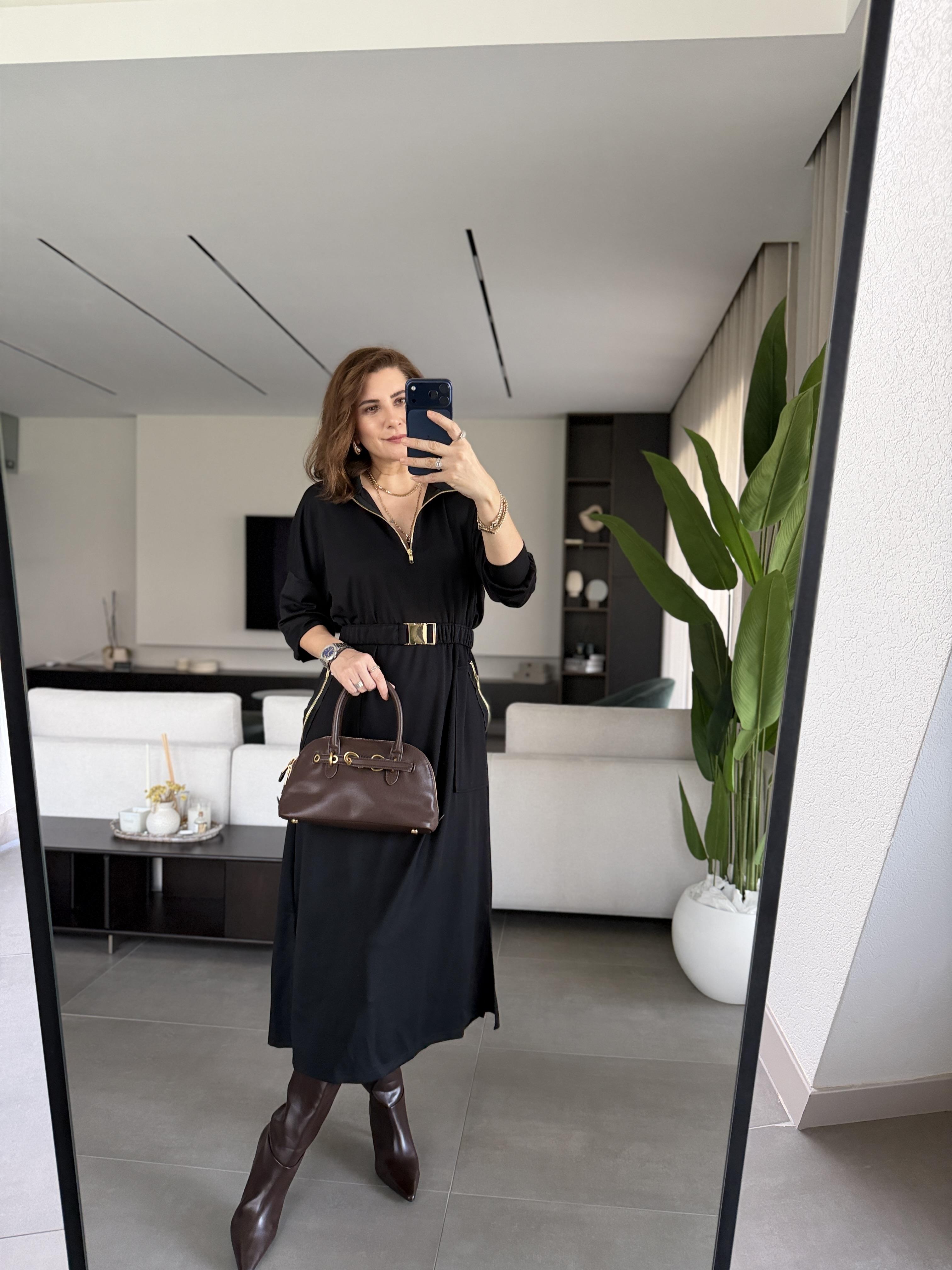 Siyah Modal Fermuar Detaylı Kemerli Elbise