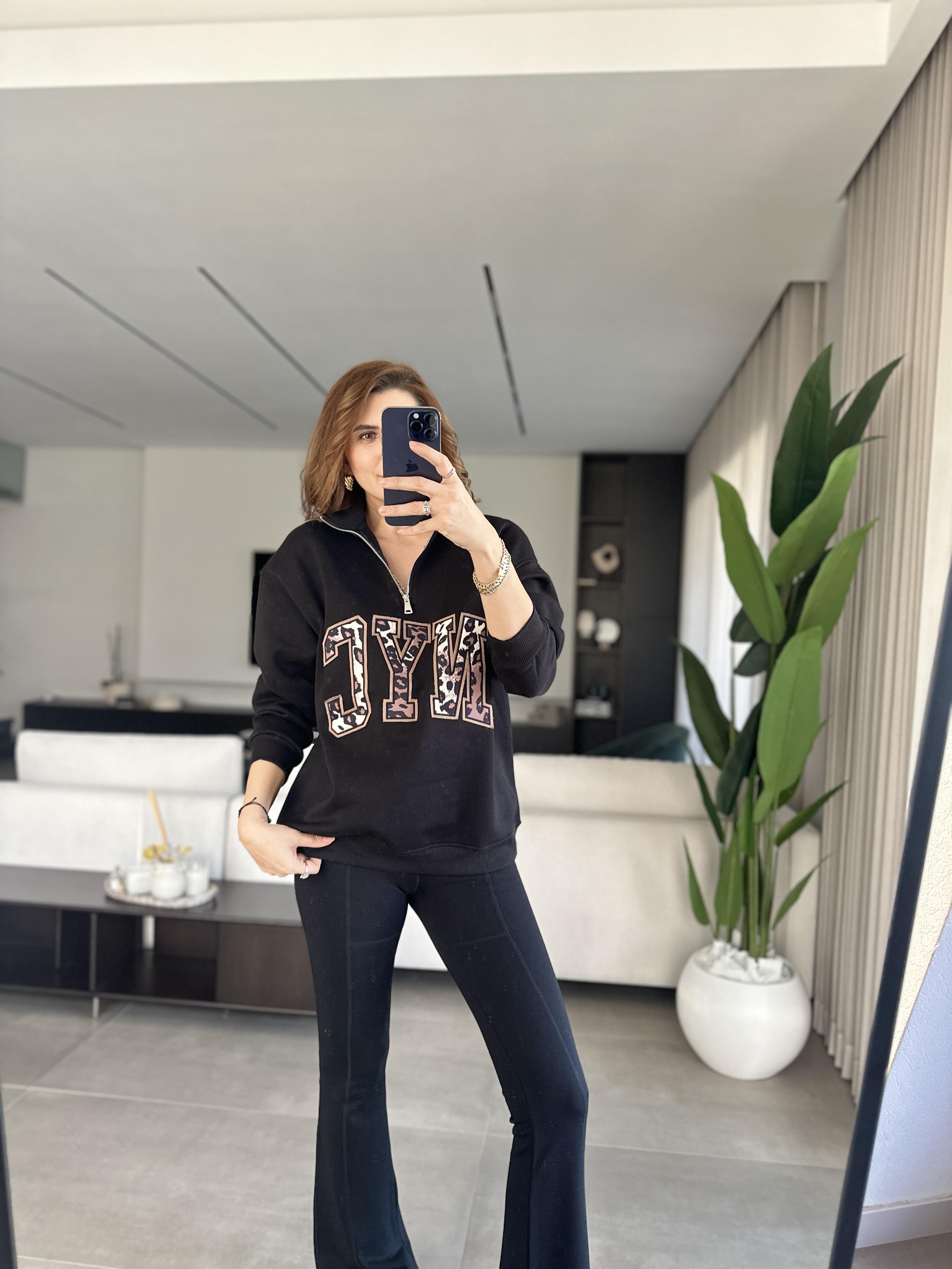 Siyah NYC Baskılı Yaka Fermuarlı Sweat