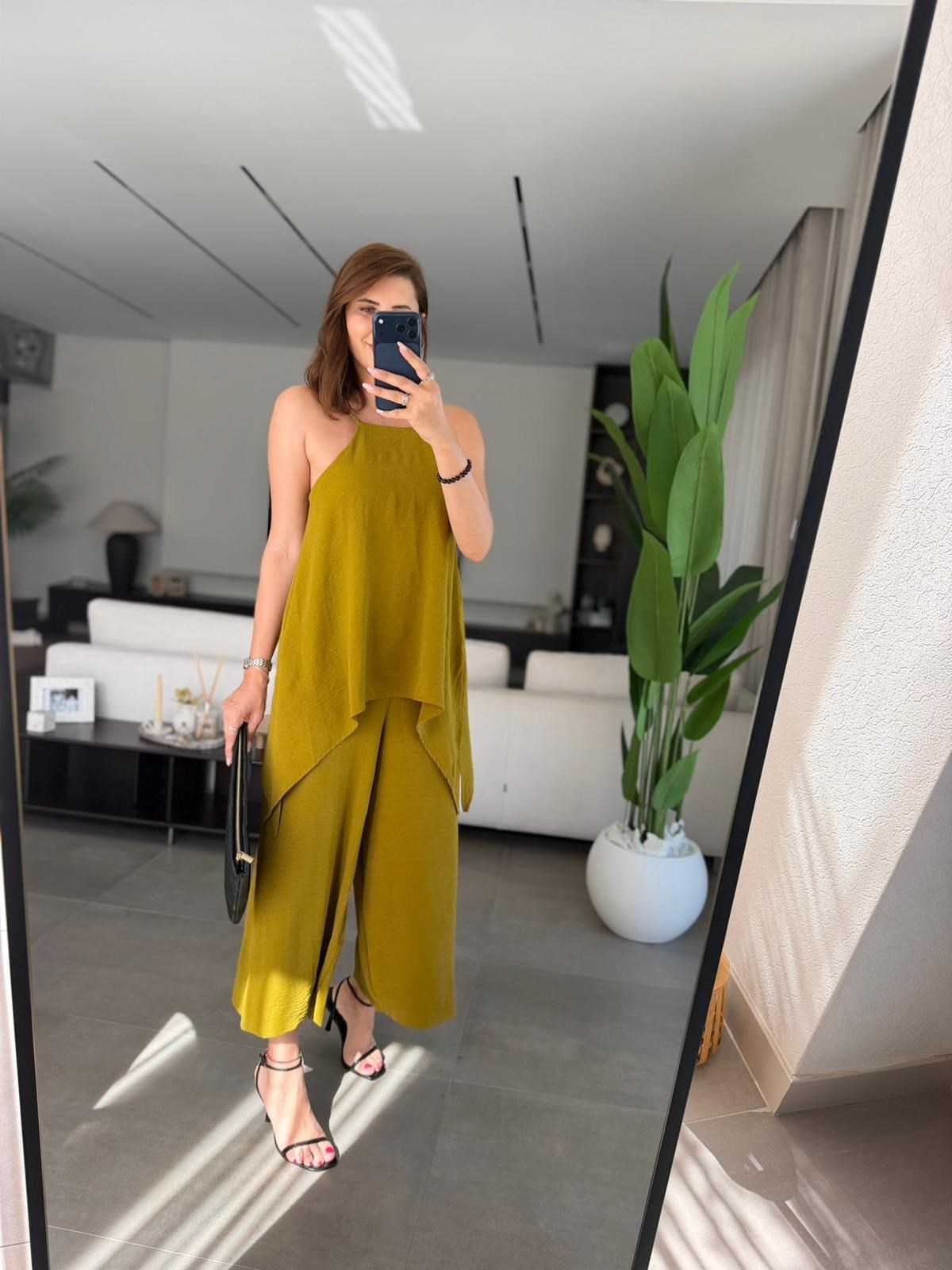 Yağyeşili  Askılı Bluz Detaylı Tulum