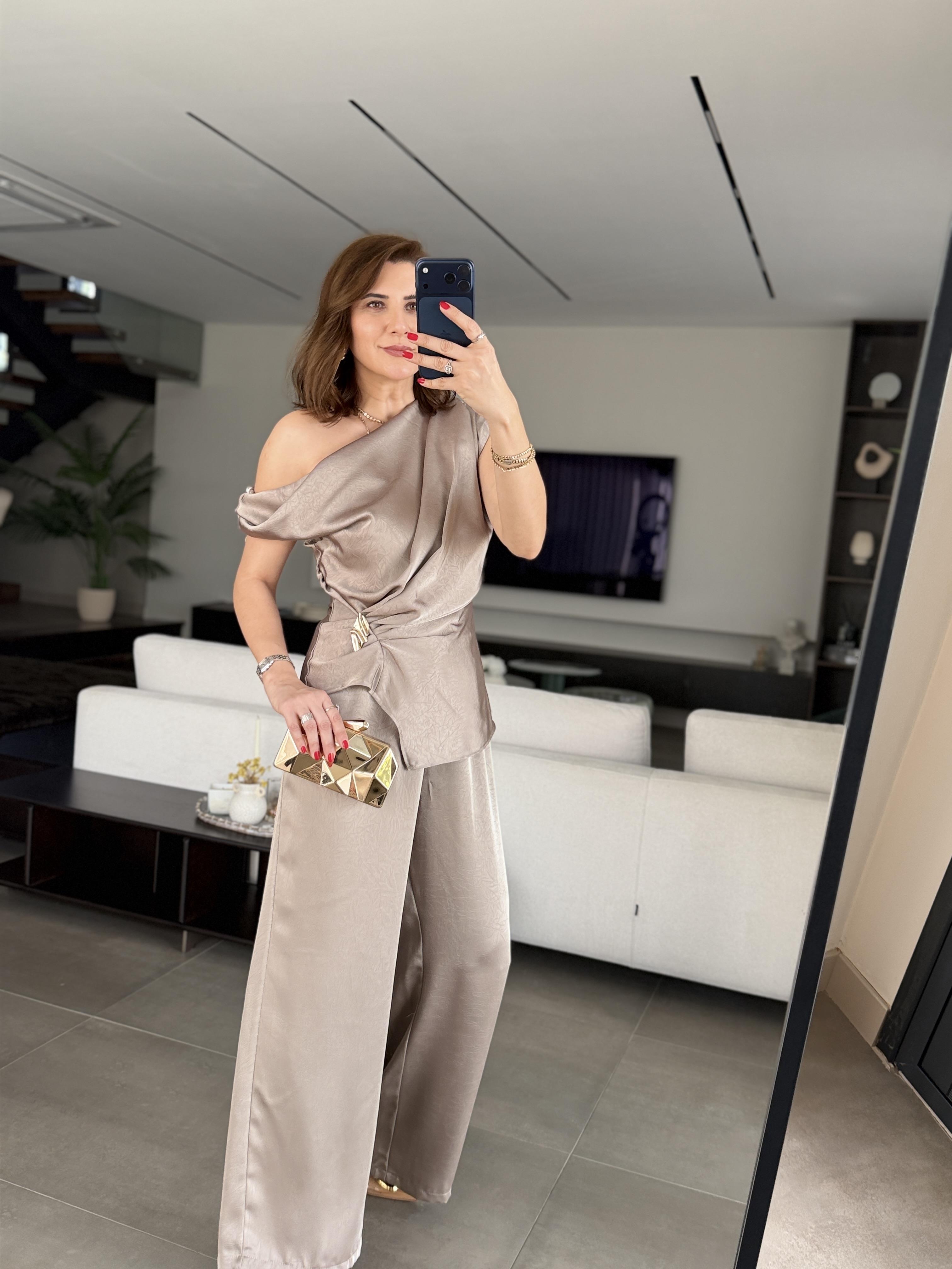 Yandan Bronşlu Saten Kraşlı Pantolon Takım