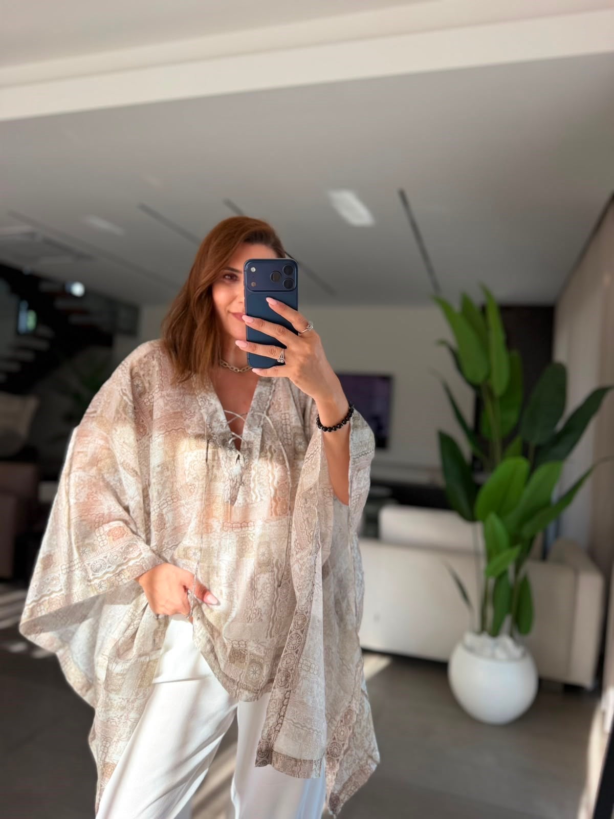 Yeşil Etnik Desen Bağlamalı Bluz