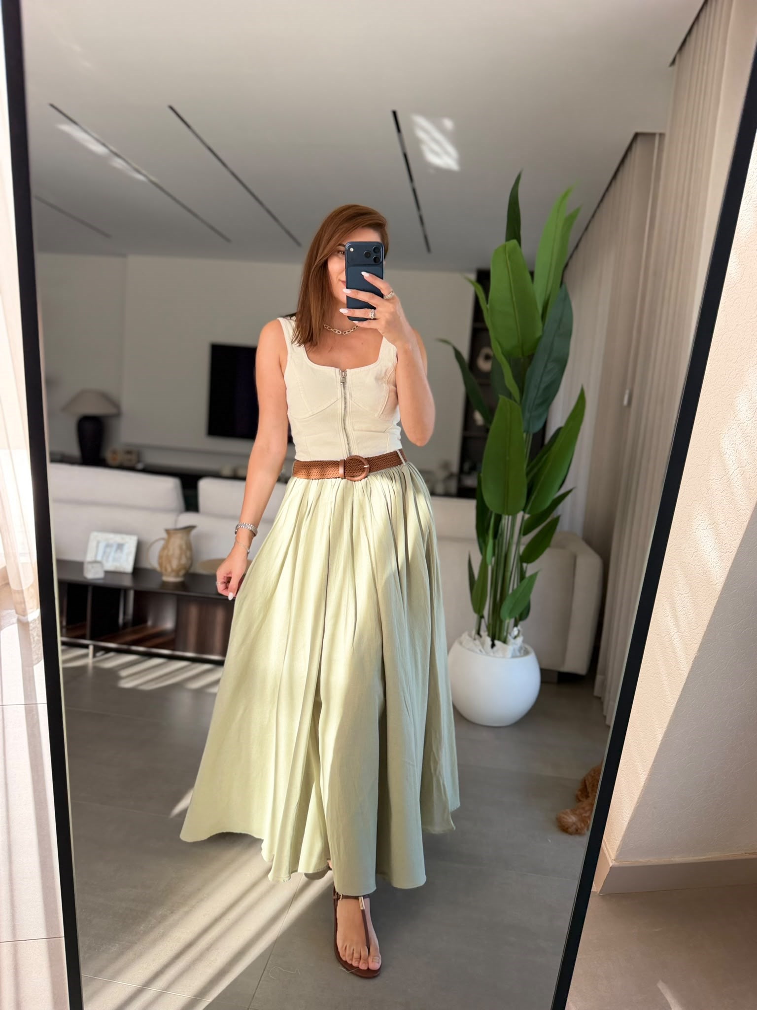 Yeşil Hasır Kemerli Keten Etek