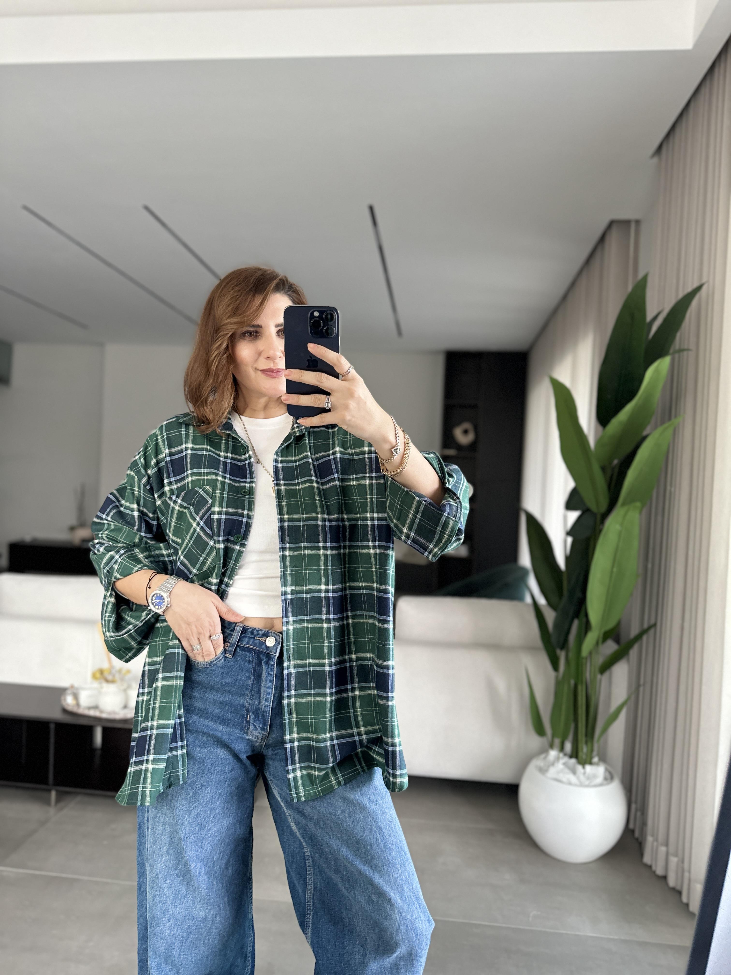 Yeşil Oversize Ekoseli Gömlek