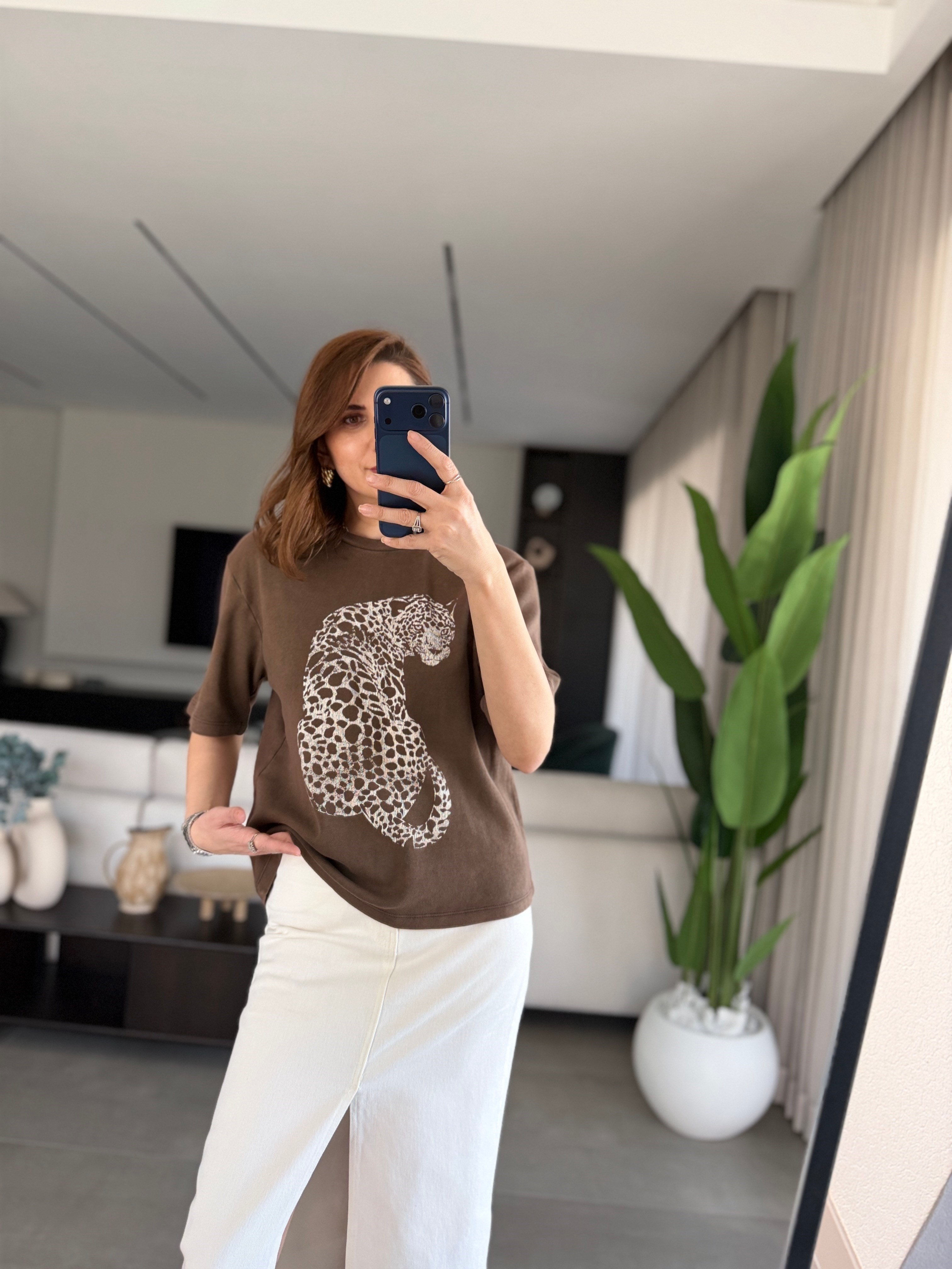 Yıkamalı Leopar Baskılı T-Shirt