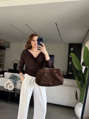 Acı Kahve Kayık Yaka Düşük Omuz Salaş Bluz