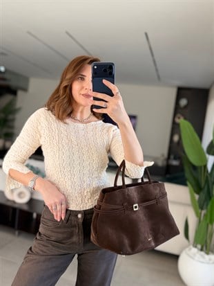 Ekru Dantel Kayık Yaka Bluz