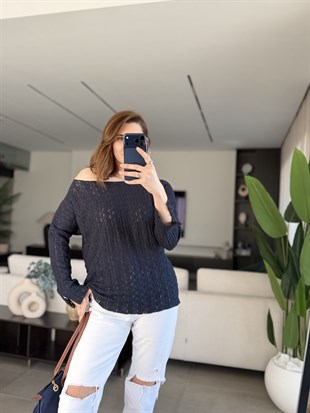 Lacivert Dantel Kayık Yaka Bluz