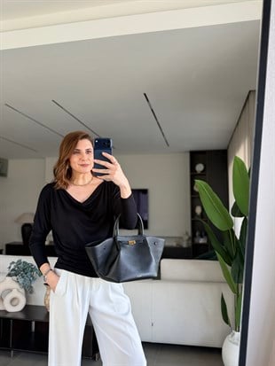 Siyah Kayık Yaka Düşük Omuz Salaş Bluz