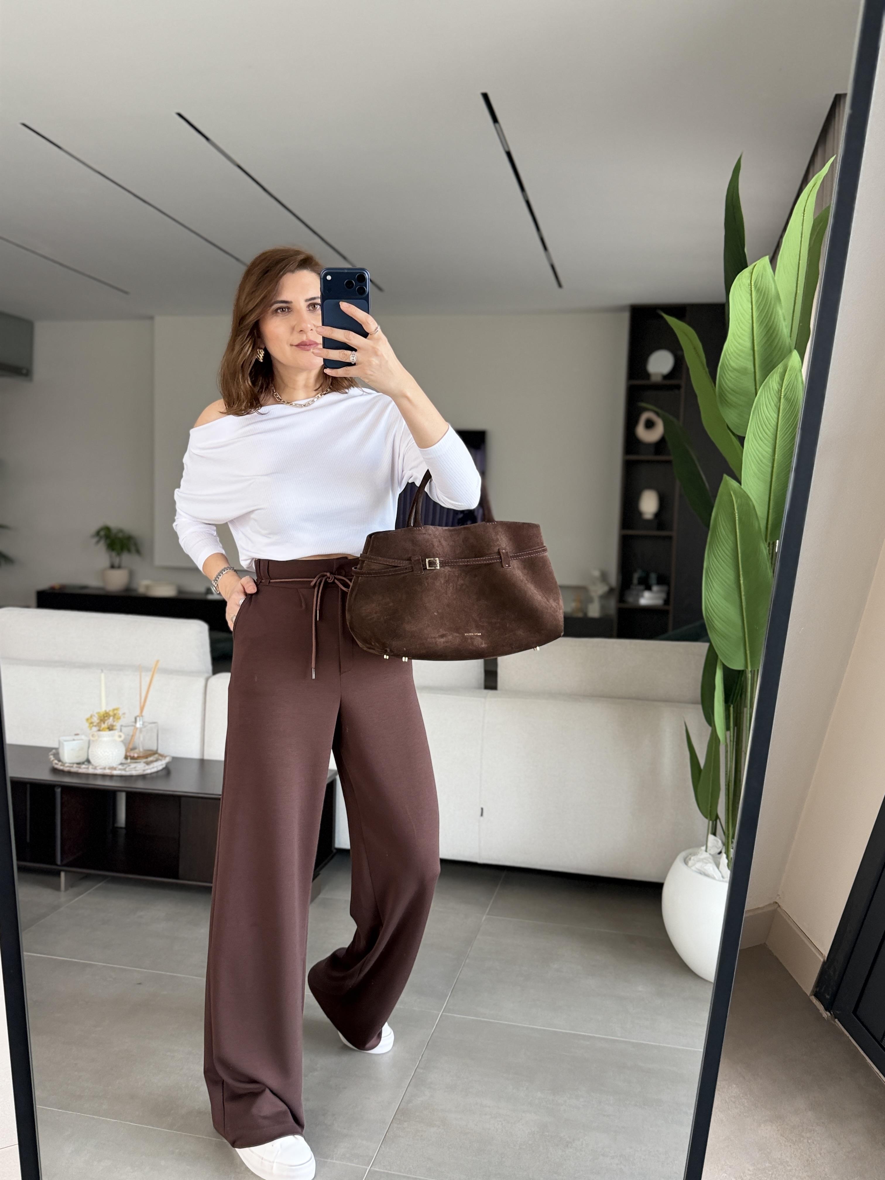 Acı Kahve Arka Lastikli Cepli Bol Paça Pantolon