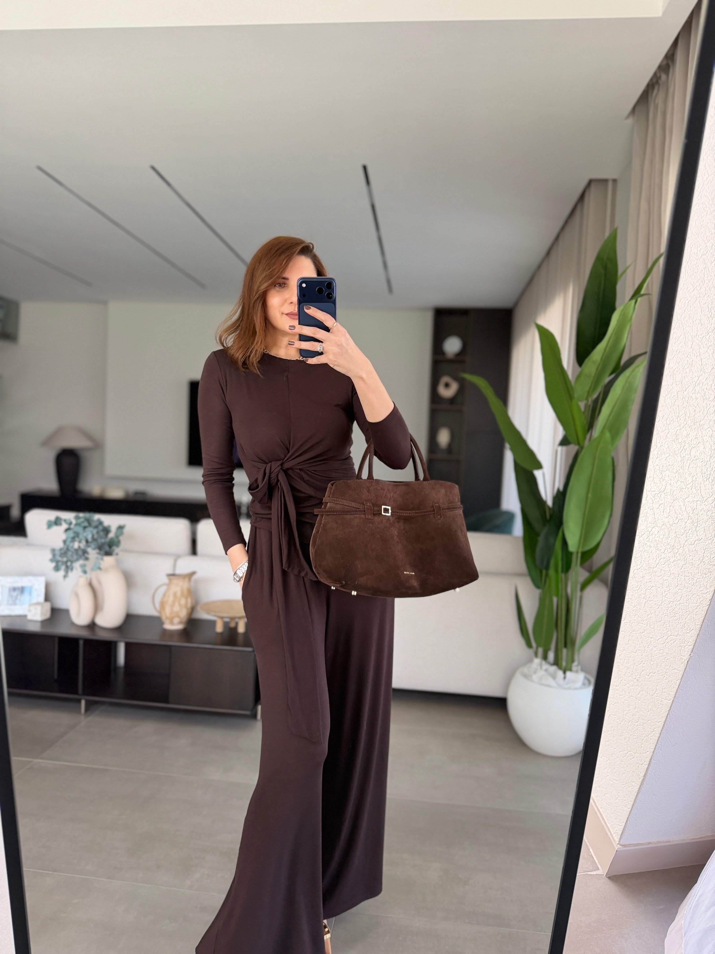 Acı Kahve Bel Bağlamalı Pantolon Takım