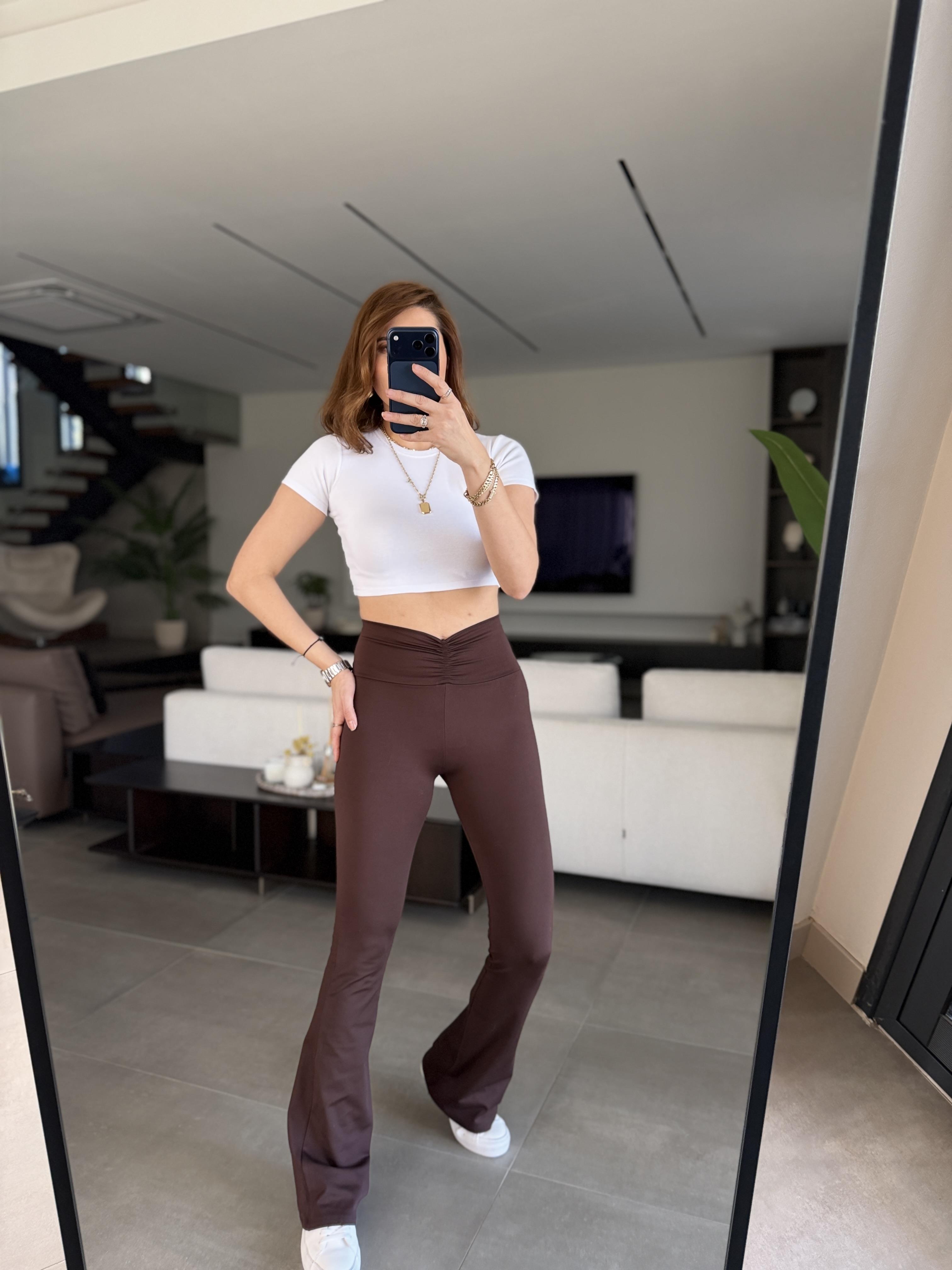 Acı Kahve Bel Büzgü Detay İspanyol Paça Tayt