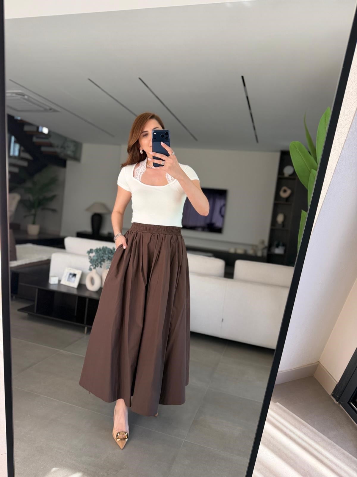 Acı Kahve Bel Lastikli Midi Boy Çan Etek