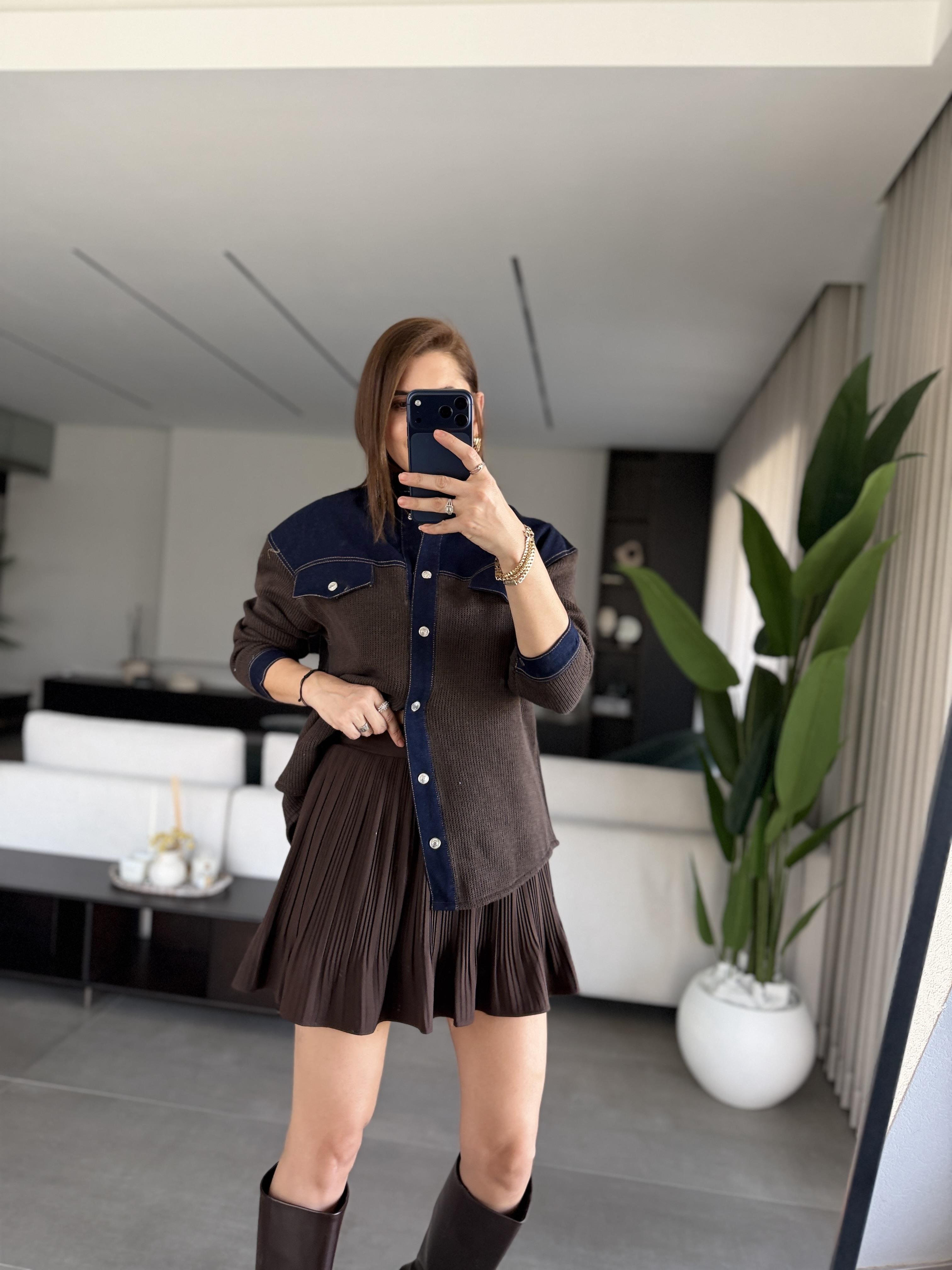 Acı Kahve Bel Lastikli Pileli Şort Etek