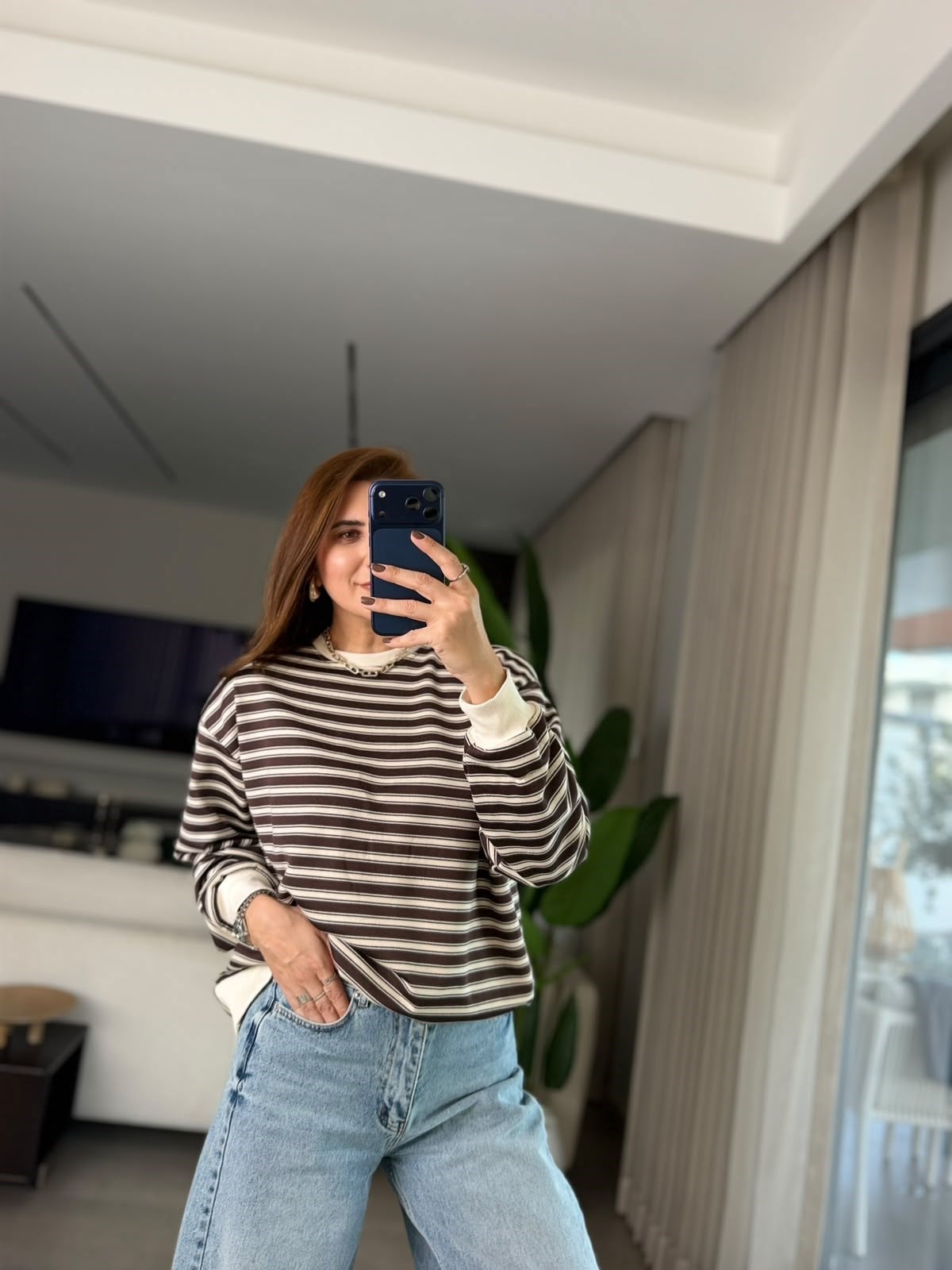 Acı Kahve Bisiklet Yaka Üç İplik Çizgili Sweatshırt