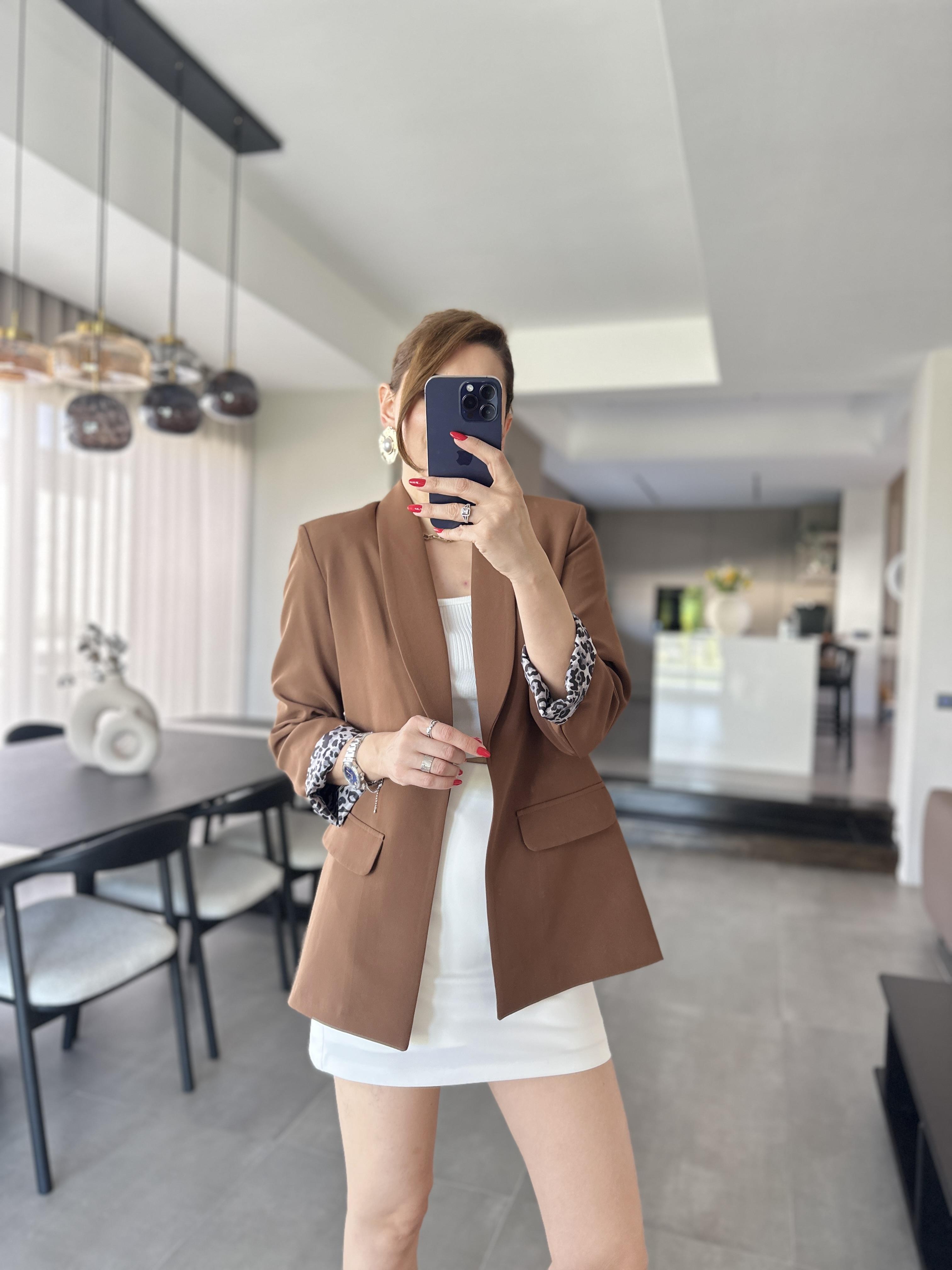 Acı Kahve Büyük Beden İçi Leopar Astarlı Blazer Ceket