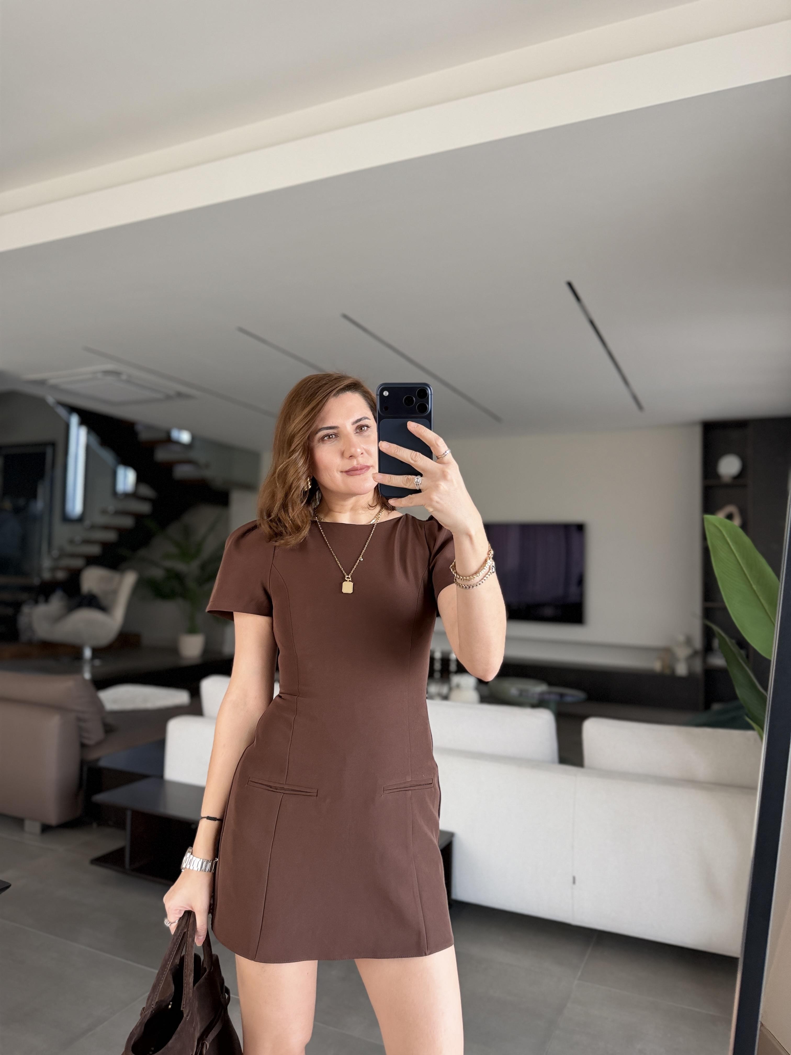 Acı Kahve Cep Görünümlü Kısa Kollu Elbise