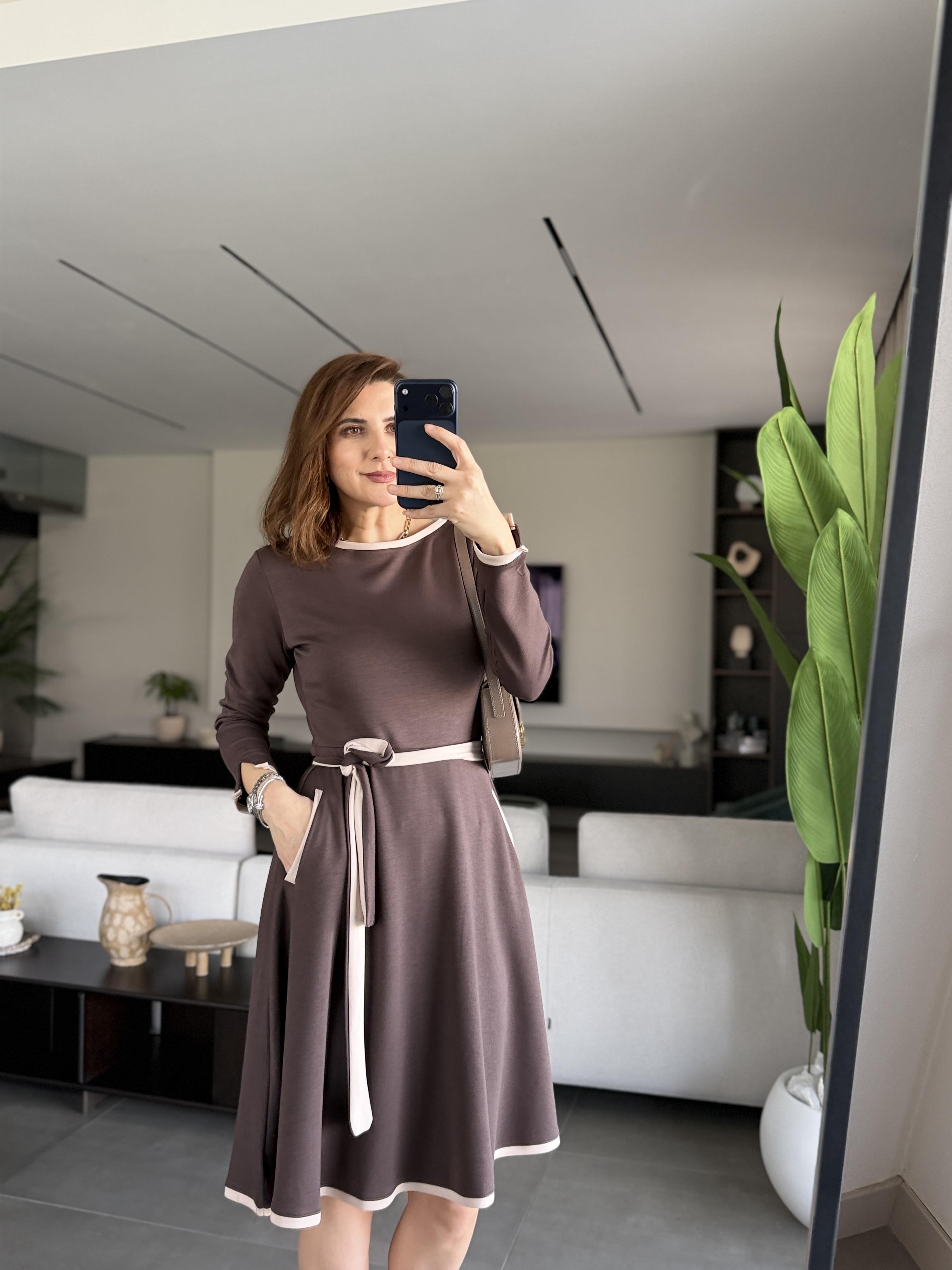 Acı Kahve Cepli Kuşaklı Modal Elbise
