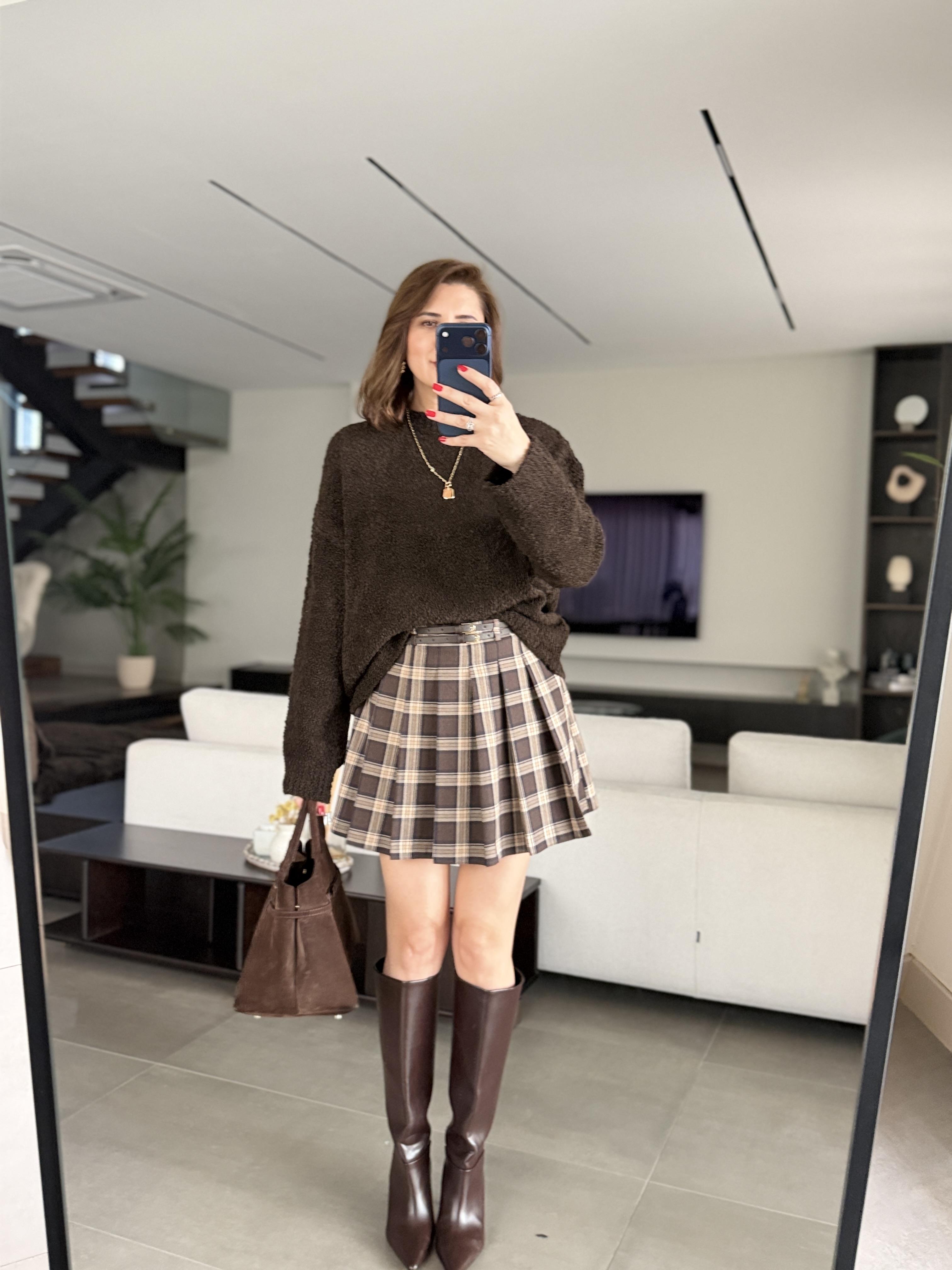 Acı Kahve Çift Kemerli Pileli Etek