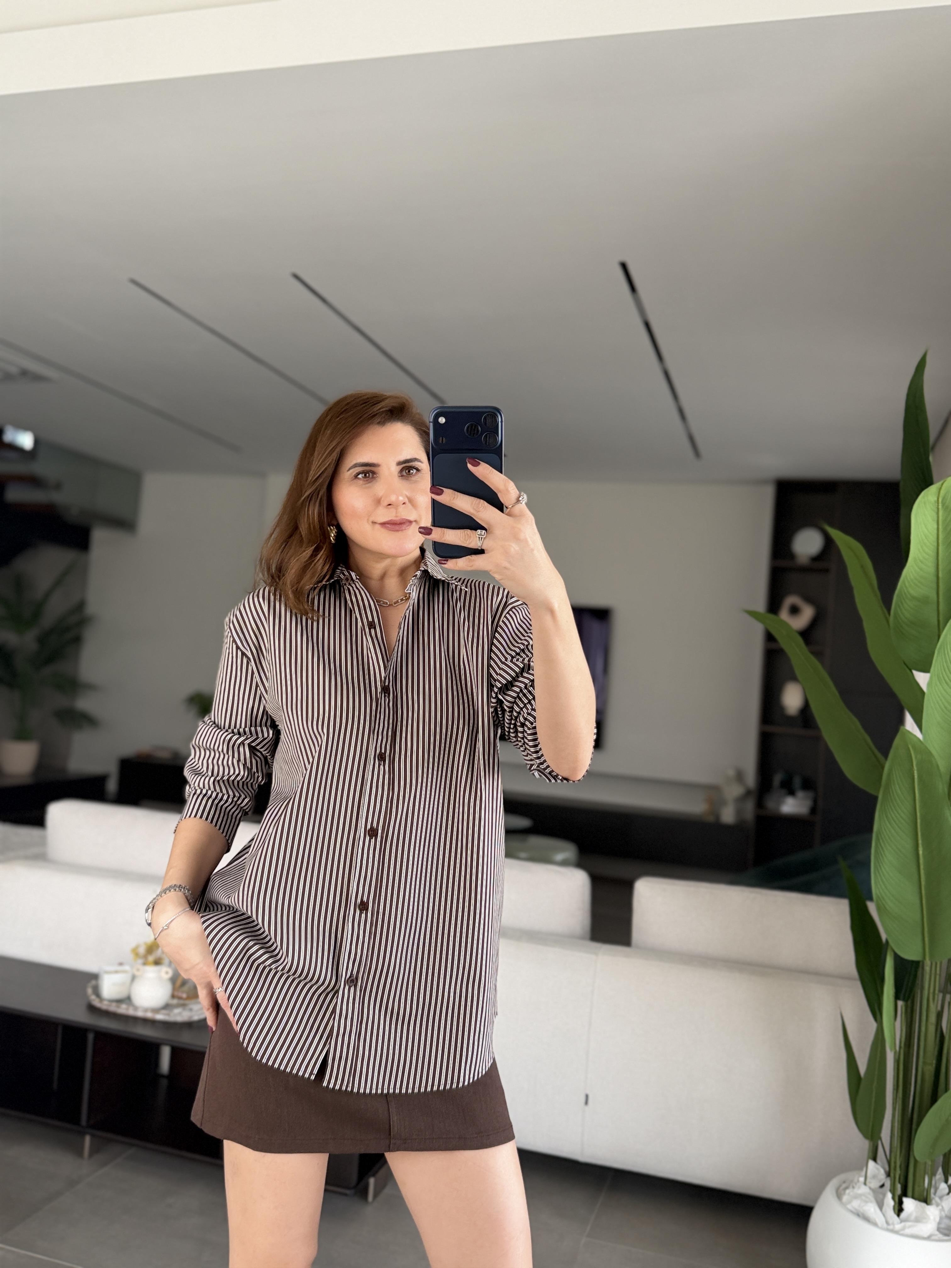 Acı Kahve Çizgili Oversize Gömlek